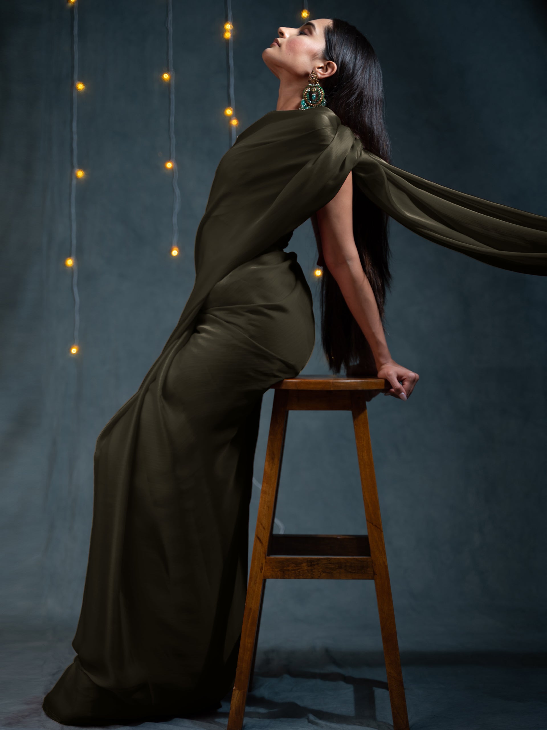 Khaki Saree with Embroidered Blouse Fabric
