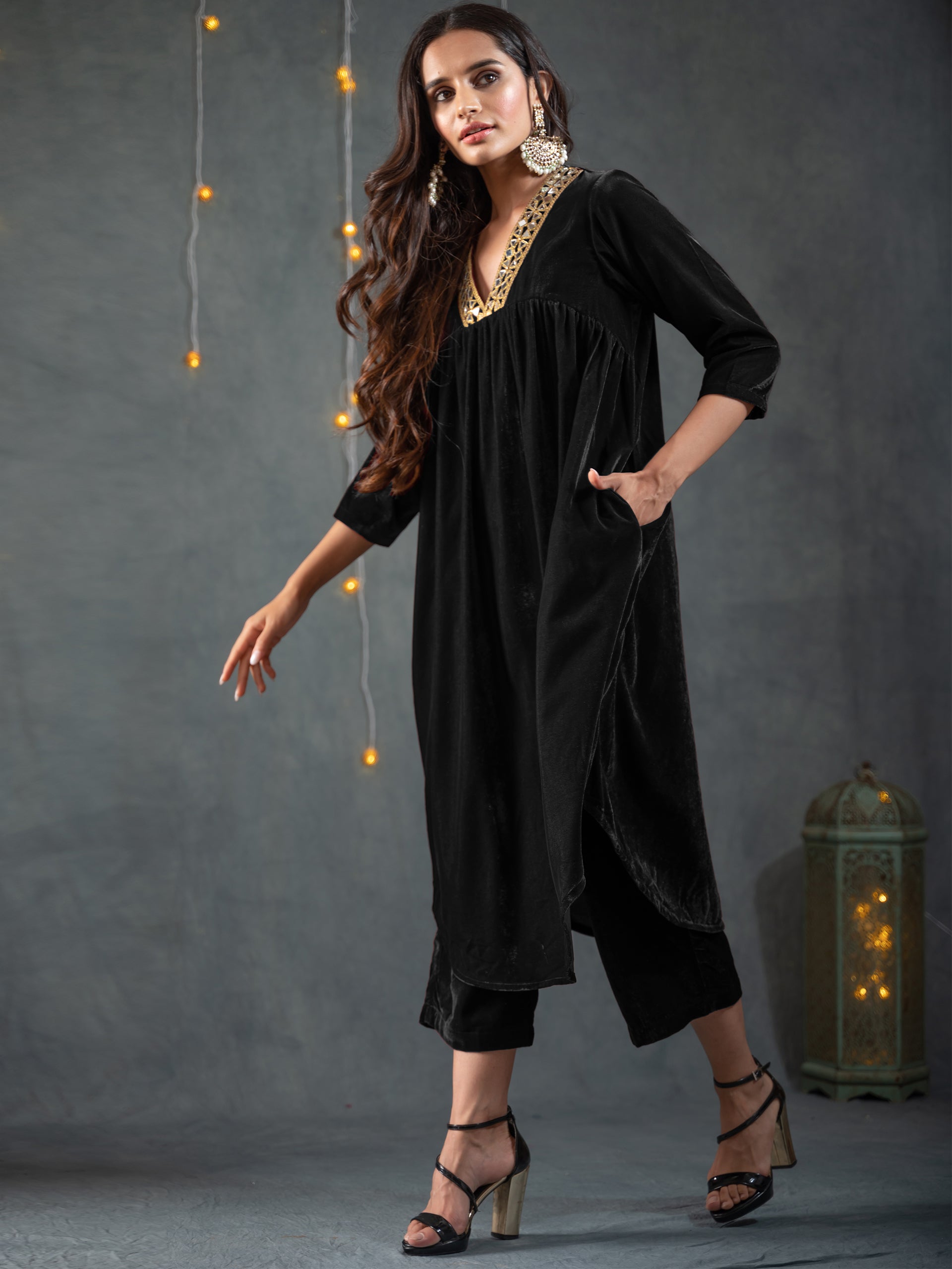 Women's Black Velvet Gathered Kurta with Pant 2 Piece Set | A-Line, V Neck, 3/4 Sleeves, Pants, Partywear, (Velvet)