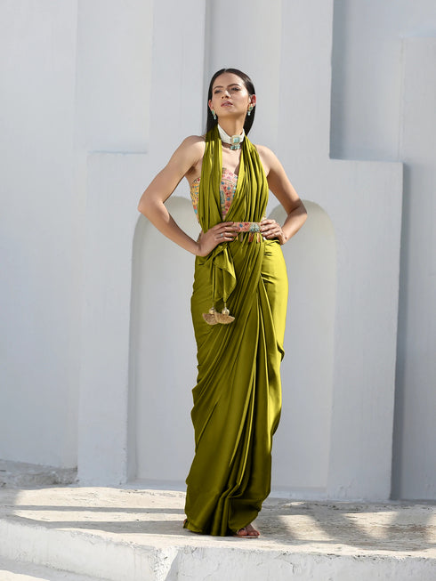 SET | Lime Satin Saree with Gold Flat Pendants + Multicolor Blouse + Multicolor Belt