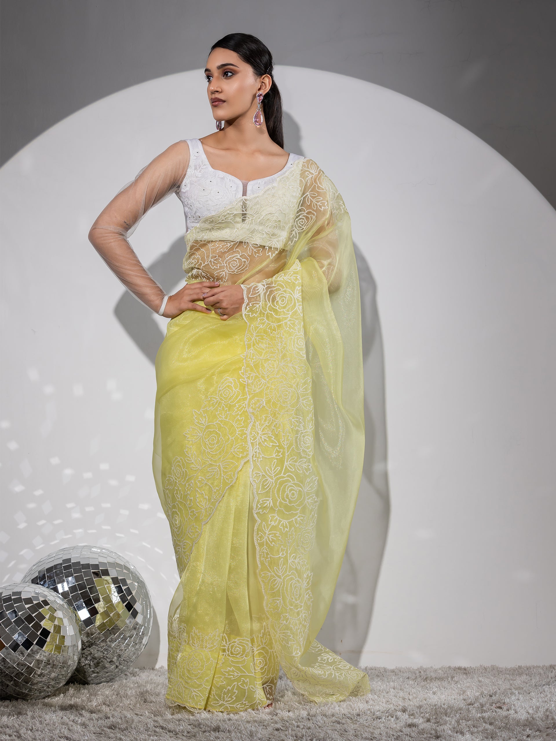 Summer-  Lemon Yellow Organza Embroidered Saree