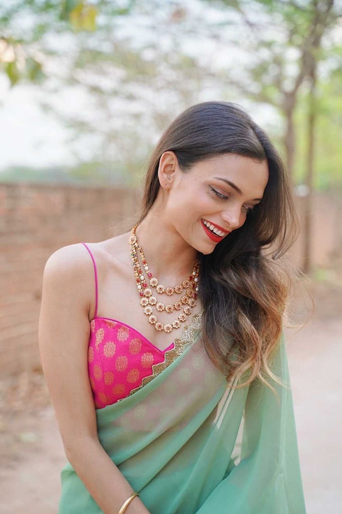 Sparking Henna Saree with Gold Sequins & Embellished Blouse
