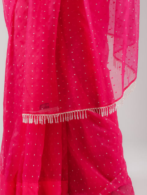 Gold Dots Fuschia Sparkle Organza Saree with Blouse Fabric