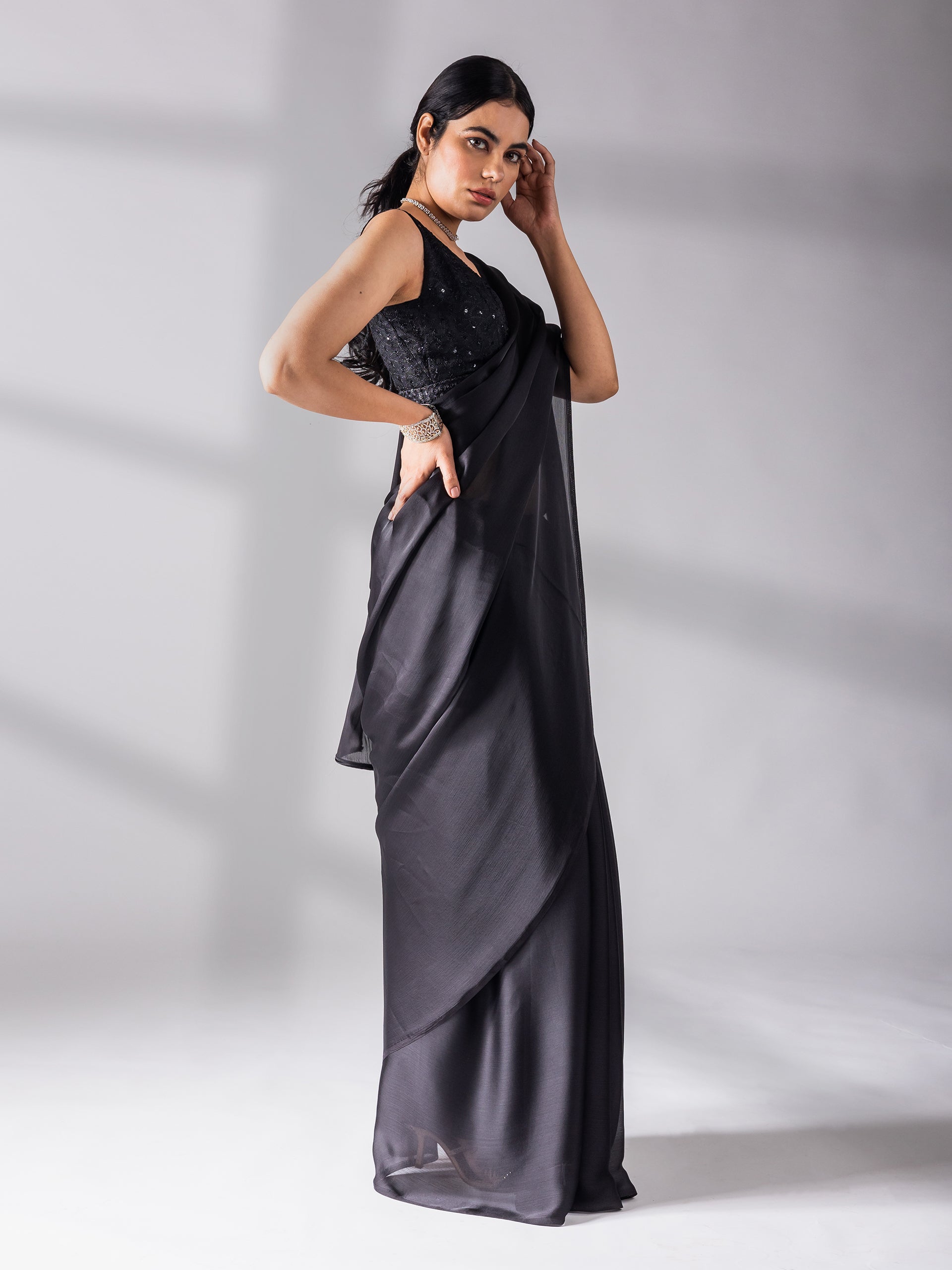 Black Chiffon Saree with Embroidered Blouse Fabric