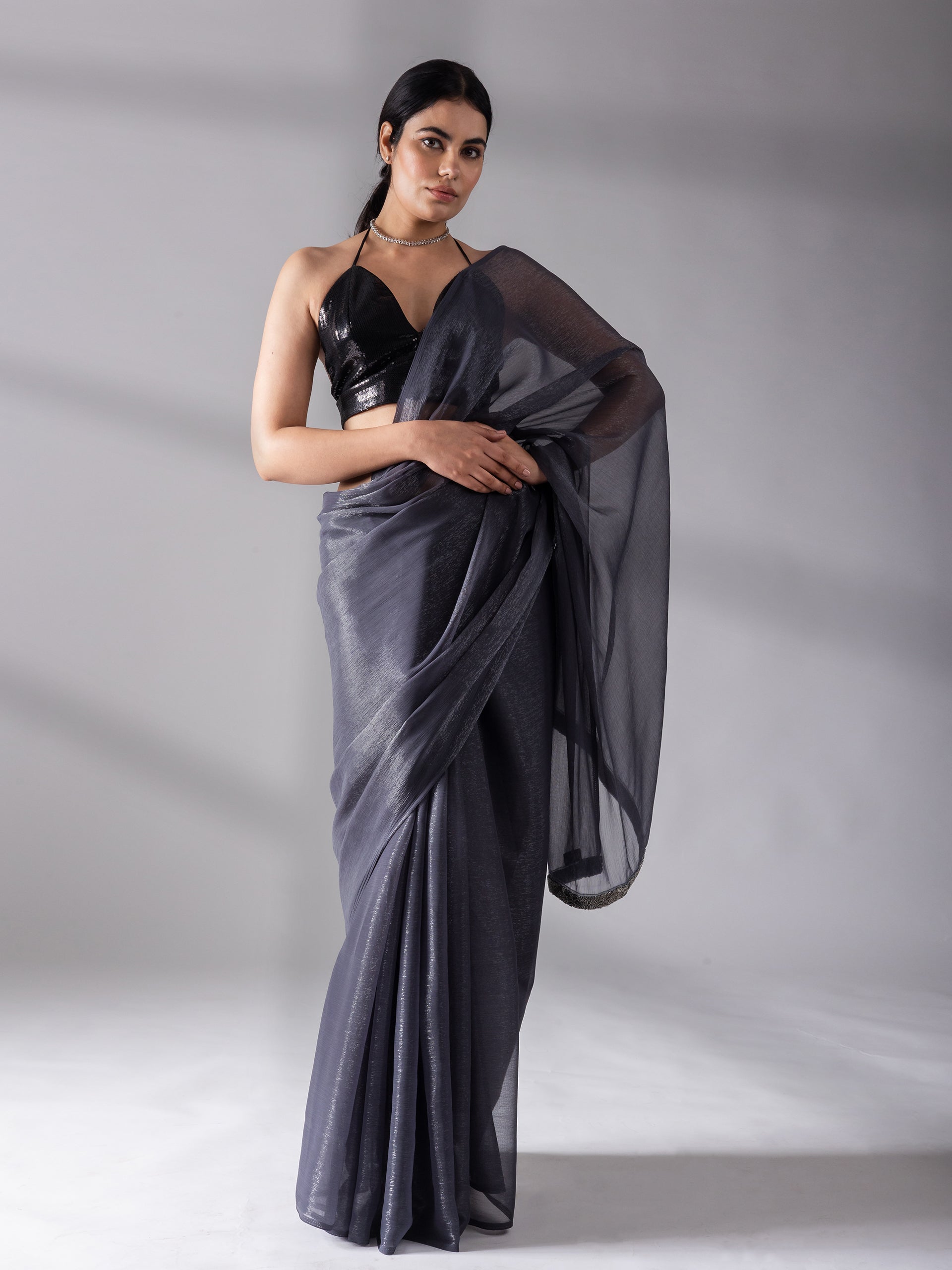 Dual shade grey shimmer silver chiffon saree