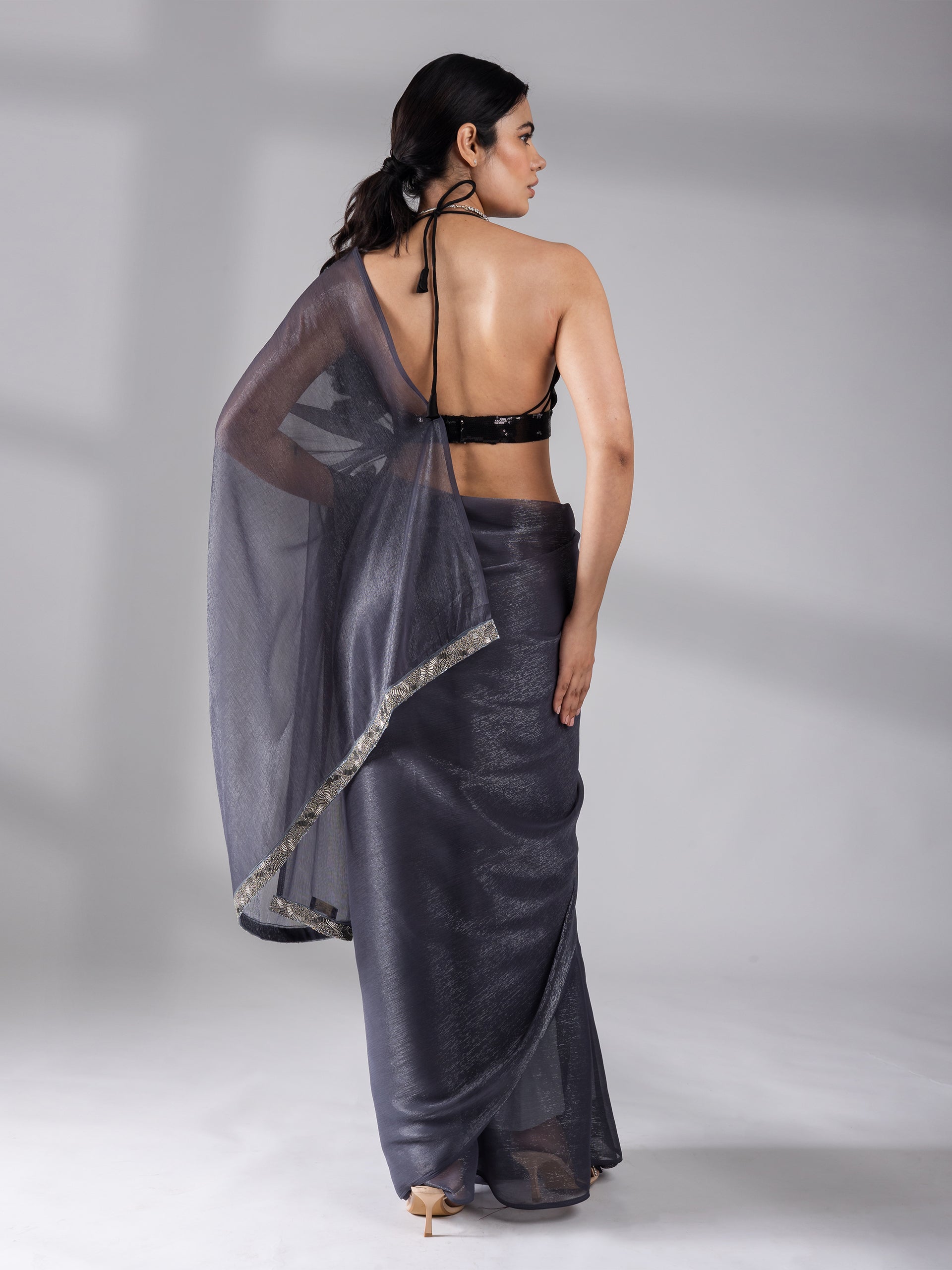 Dual shade grey shimmer silver chiffon saree — view 2