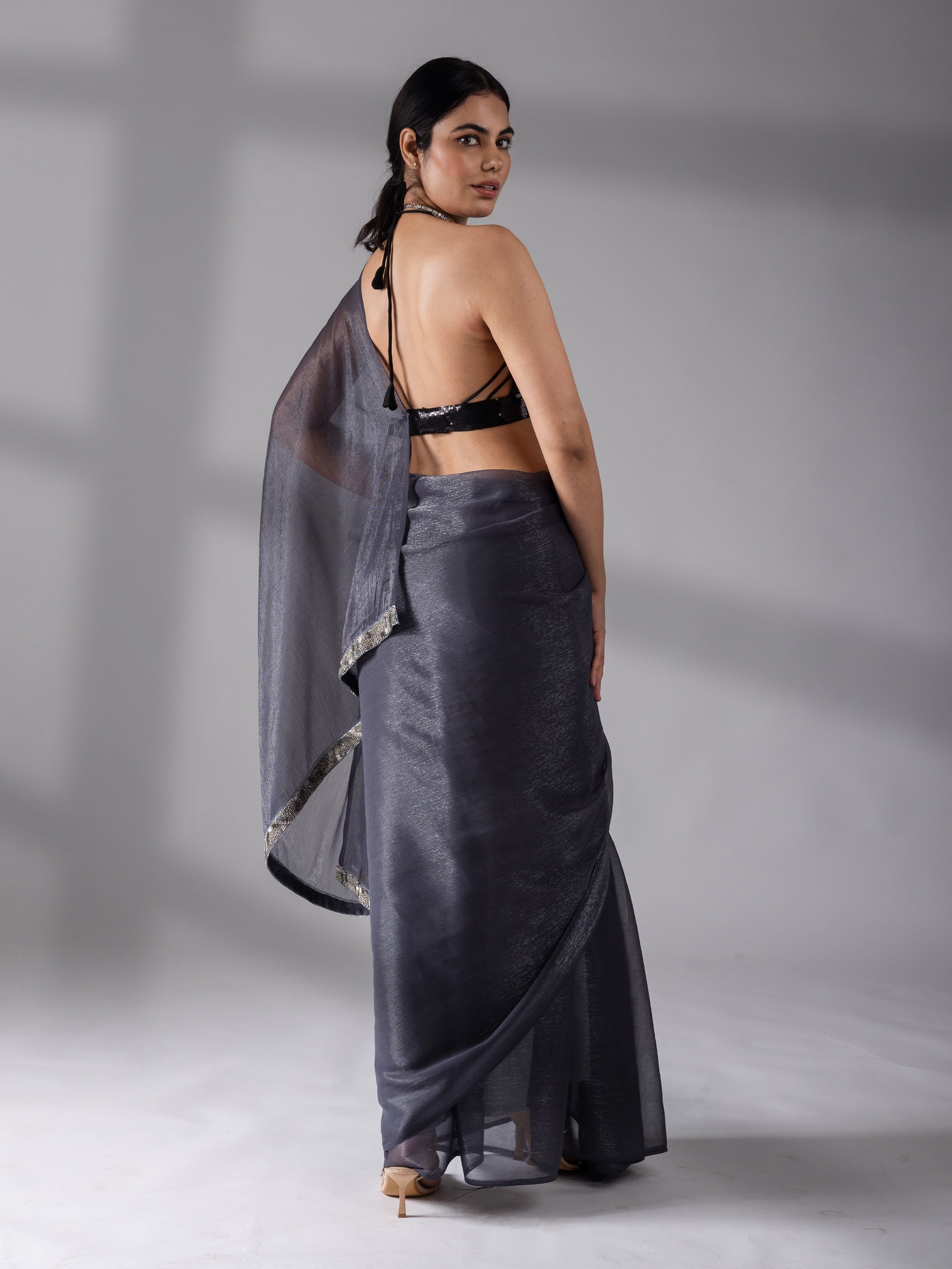Dual shade grey shimmer silver chiffon saree — view 4
