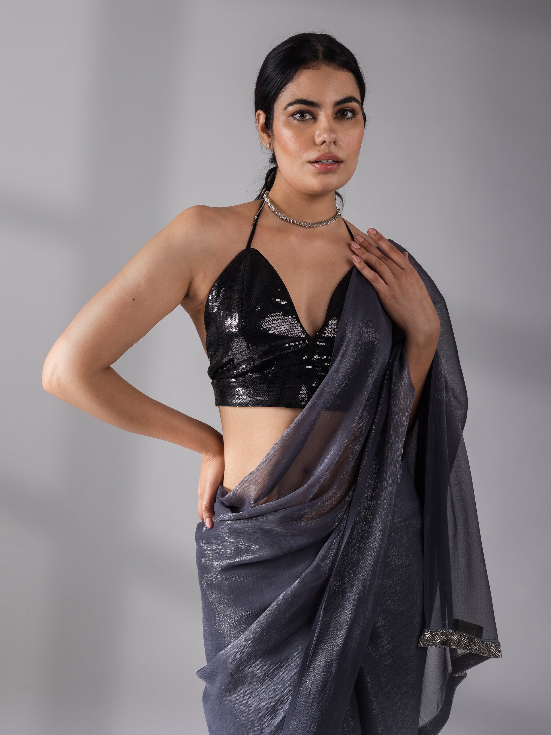 Dual shade grey shimmer silver chiffon saree — view 3
