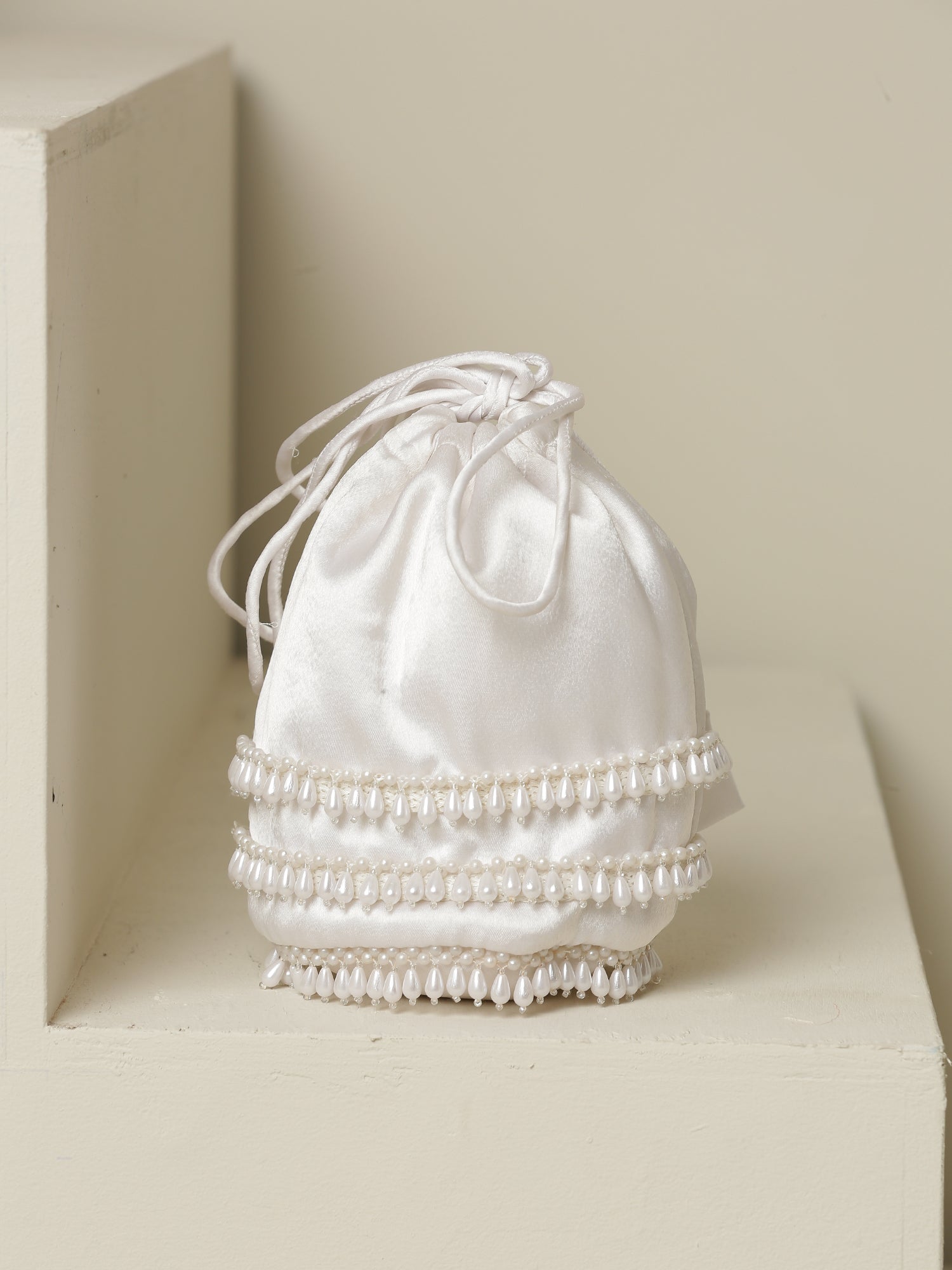 Potli - White Satin with White Beaded Lace Potli