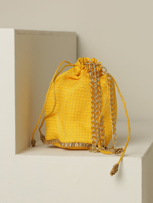 Potli - Yellow Kota Golden Checks Potli with Pink Round Patch
