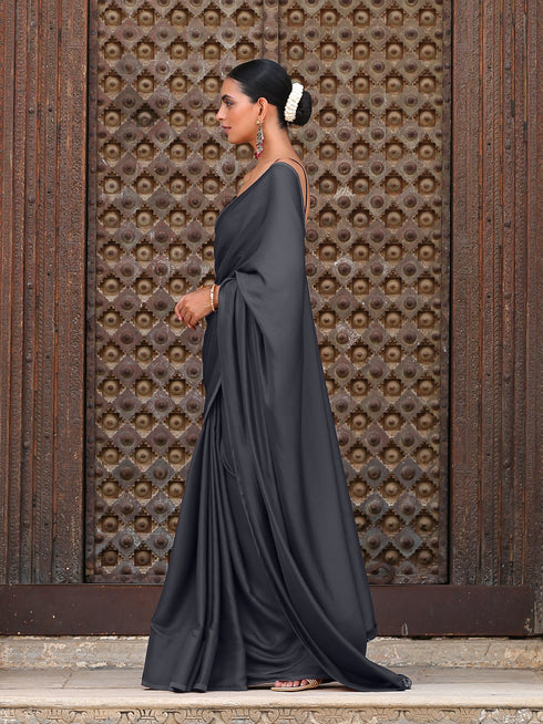 Lead Grey Satin Saree with Lace