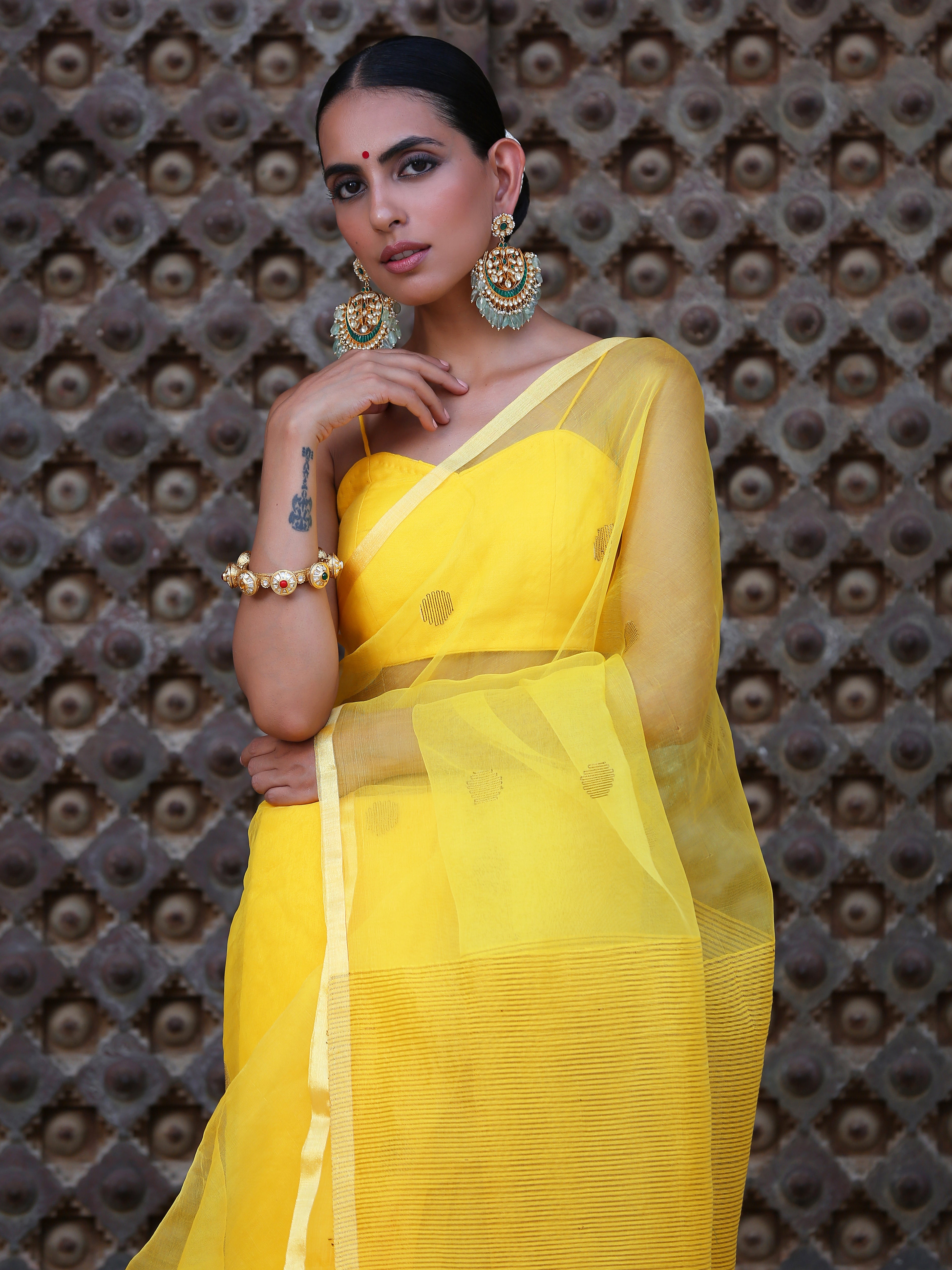 Haldi Chanderi Saree with blouse fabric
