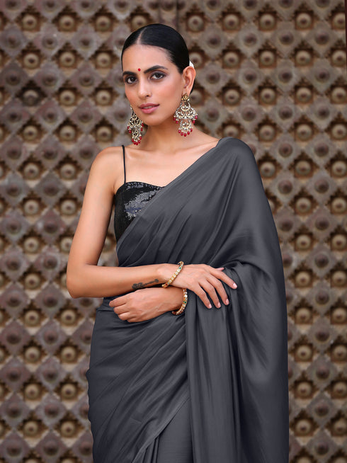 Lead Grey Satin Saree with Lace