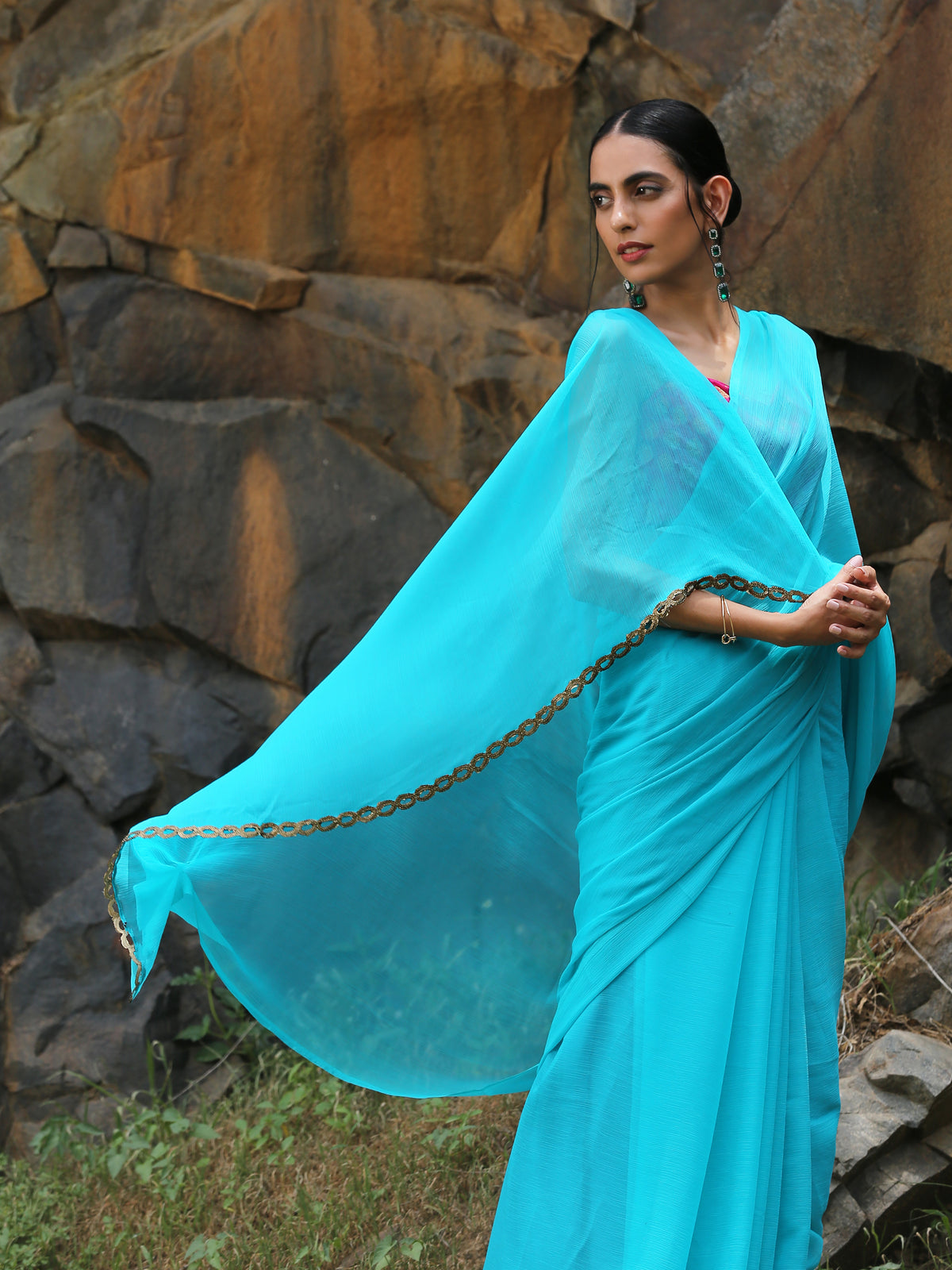 Turquoise chiffon saree with bronze lace — view 2