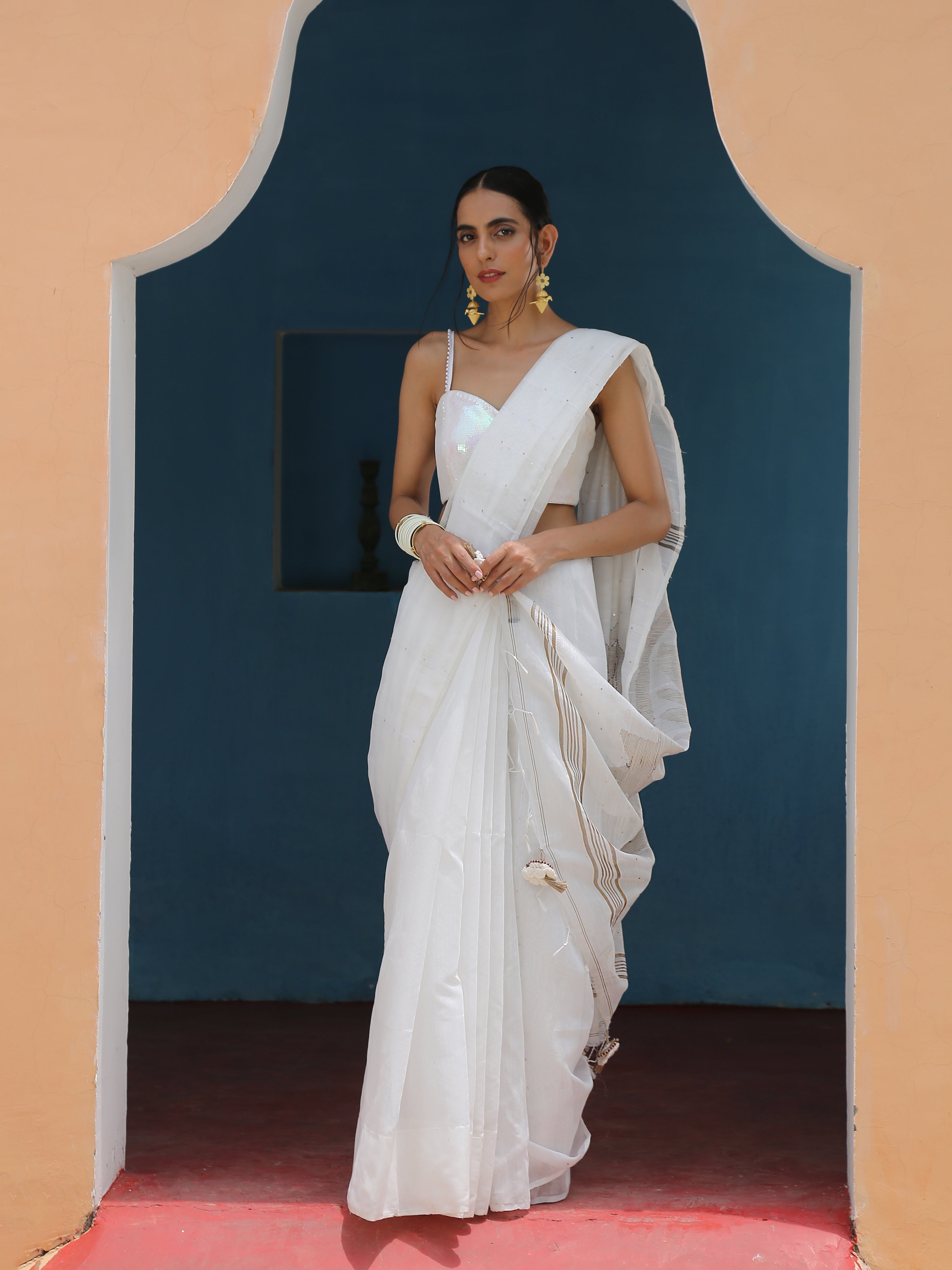 Cotton Silk Ivory Sequin Saree