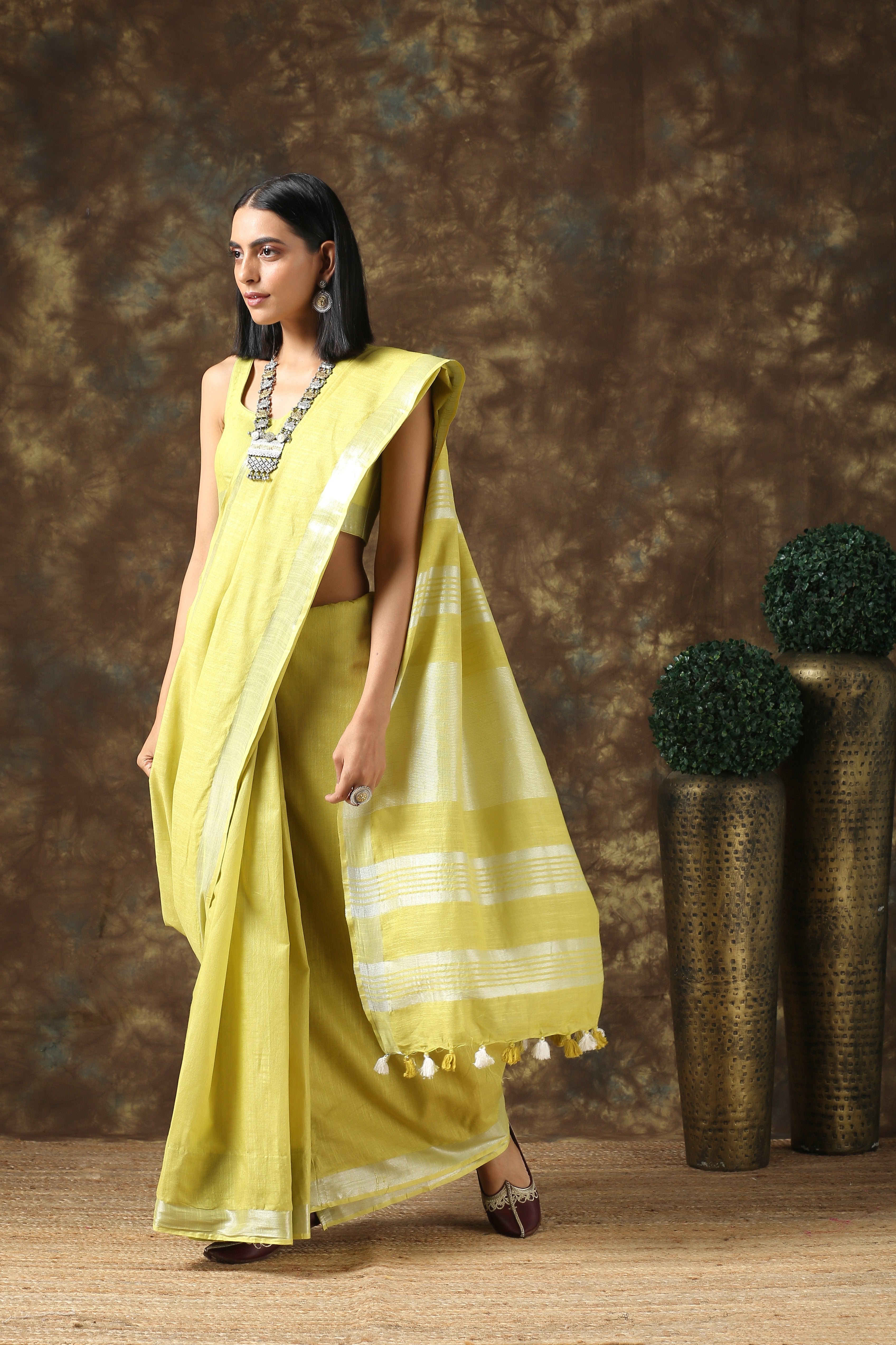Lavish Lime Linen Saree with Silver Border and Blouse