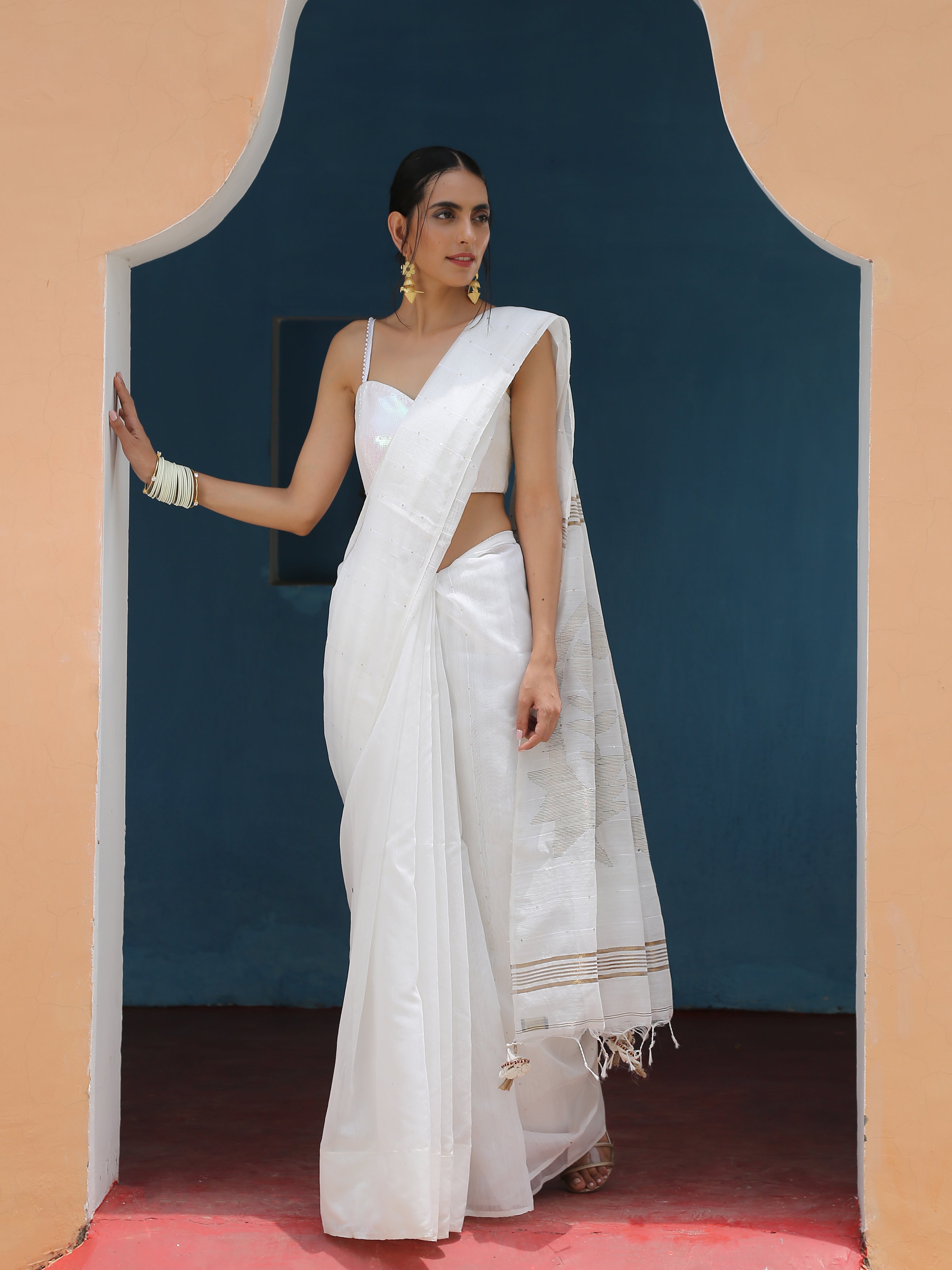 Cotton Silk Ivory Sequin Saree
