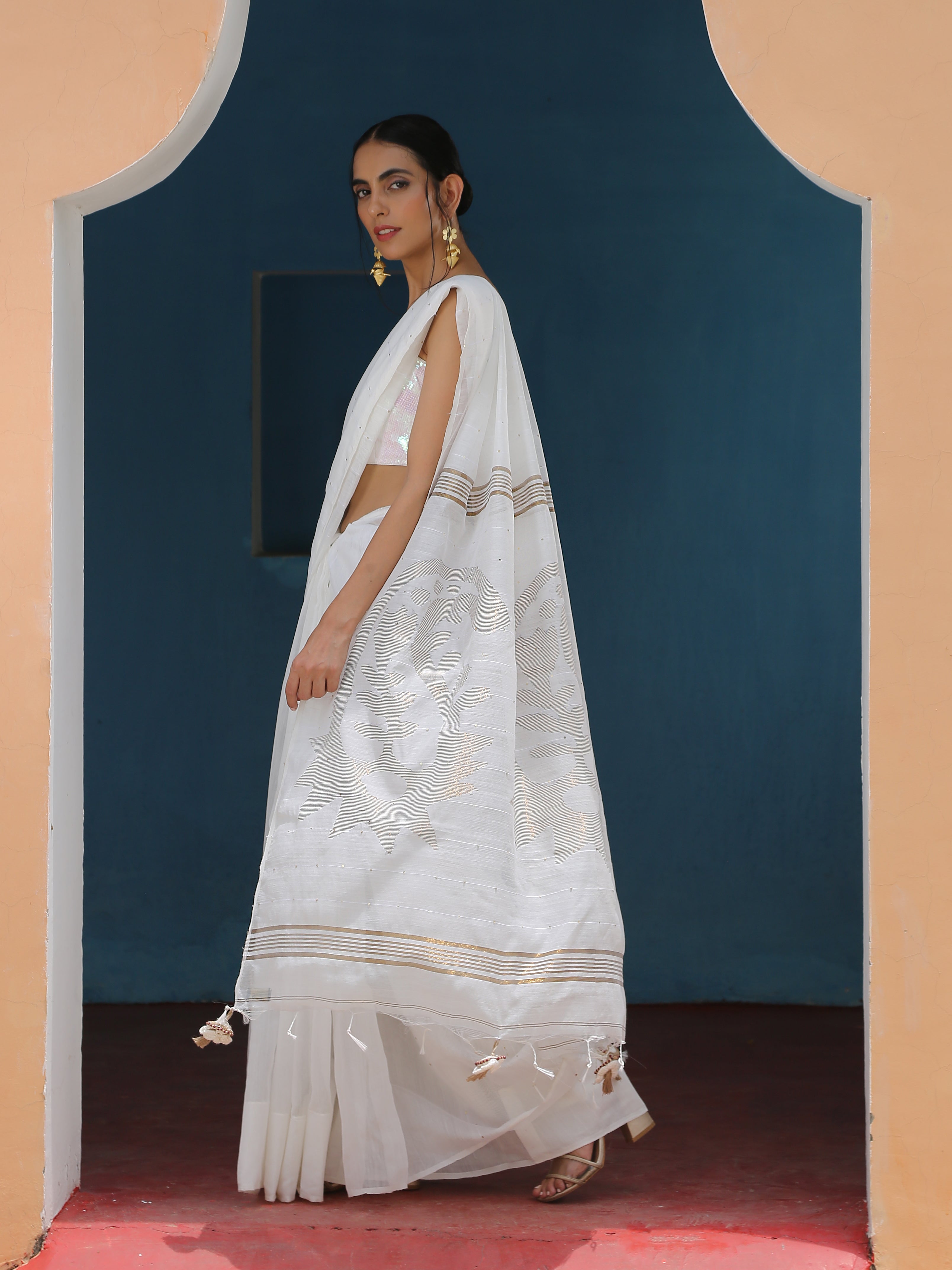 Cotton Silk Ivory Sequin Saree