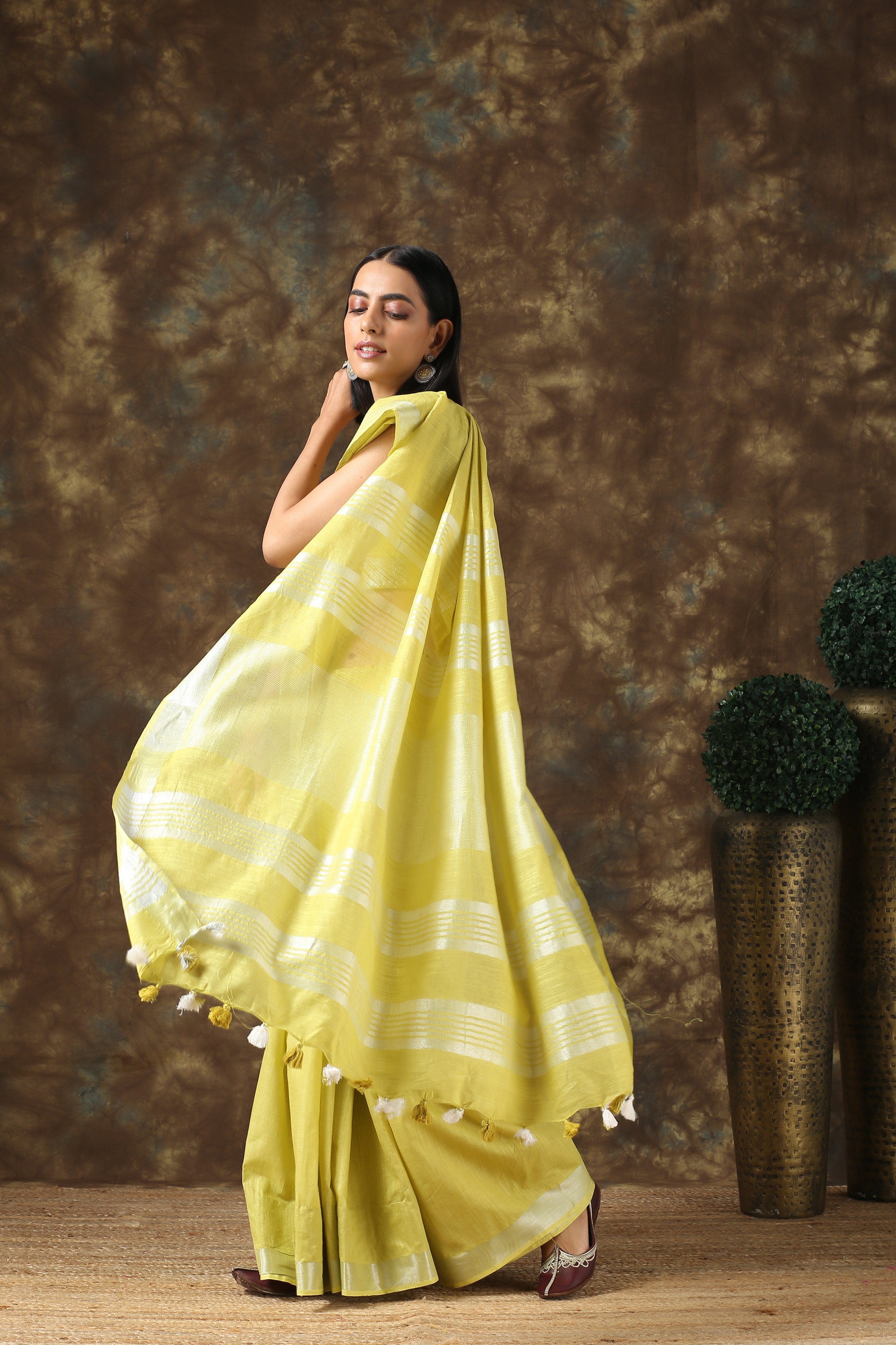Lavish Lime Linen Saree with Silver Border and Blouse