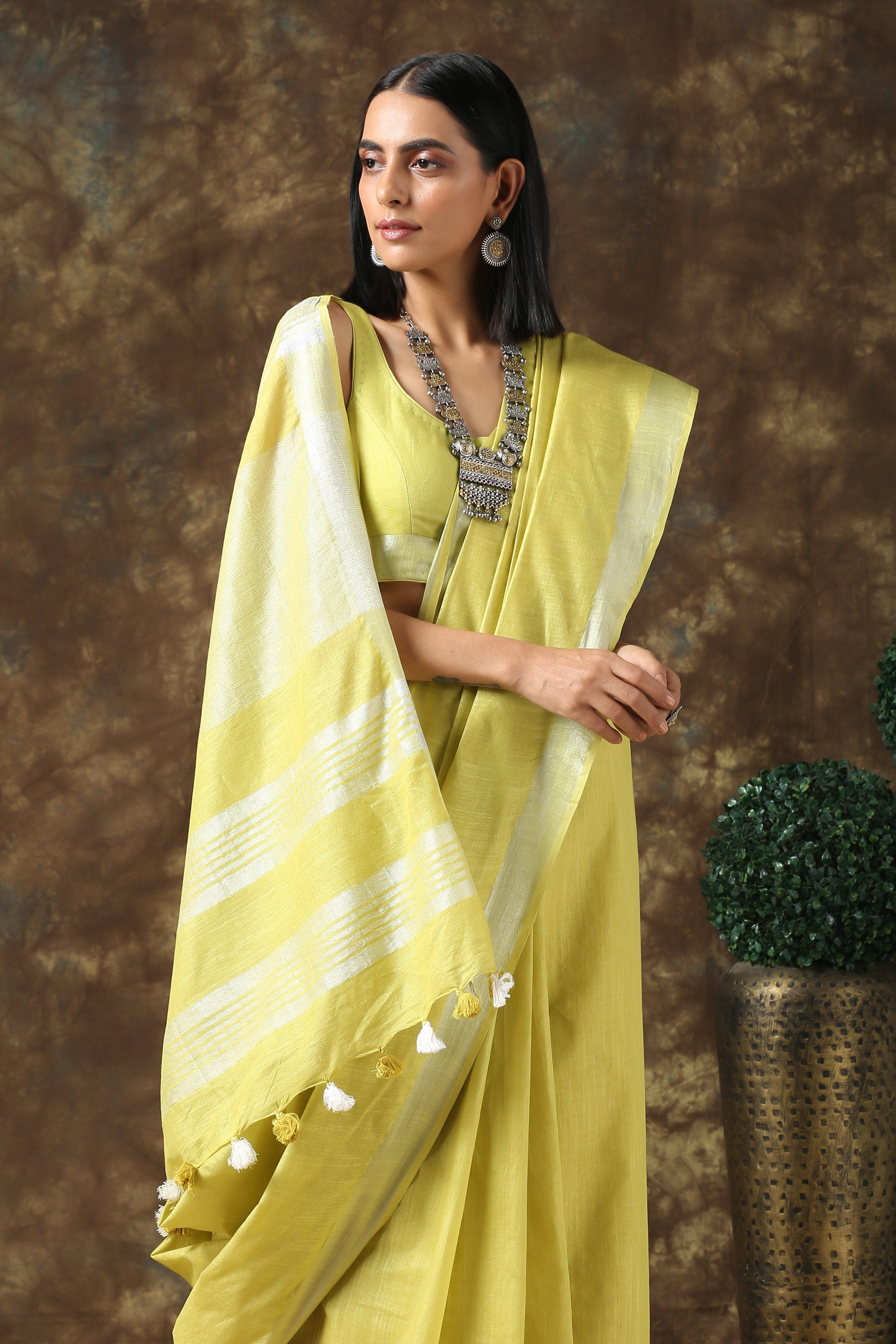 Lavish Lime Linen Saree with Silver Border and Blouse