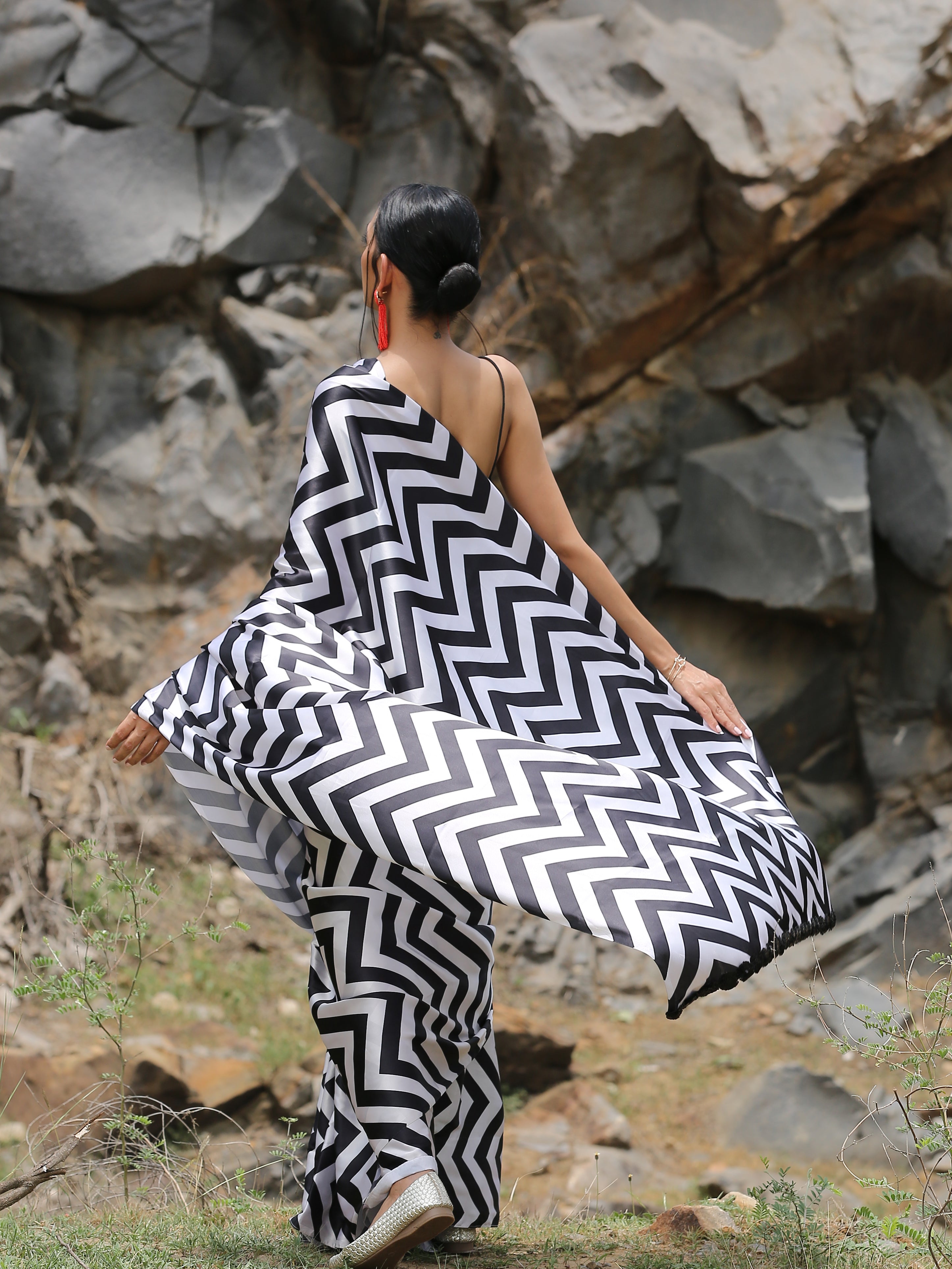 Chevron Printed Saree with Black Sequin Lace