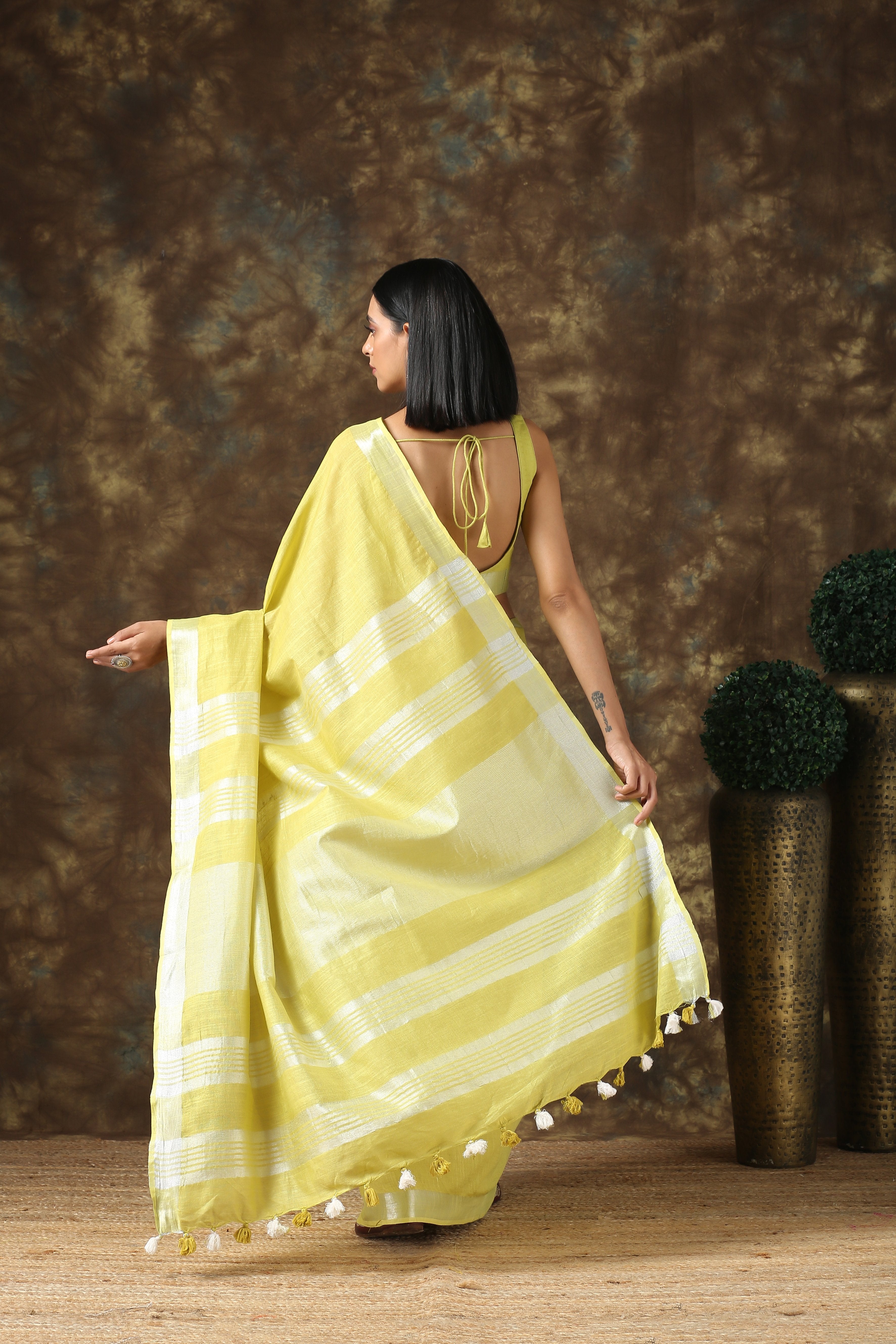 Lavish Lime Linen Saree with Silver Border and Blouse