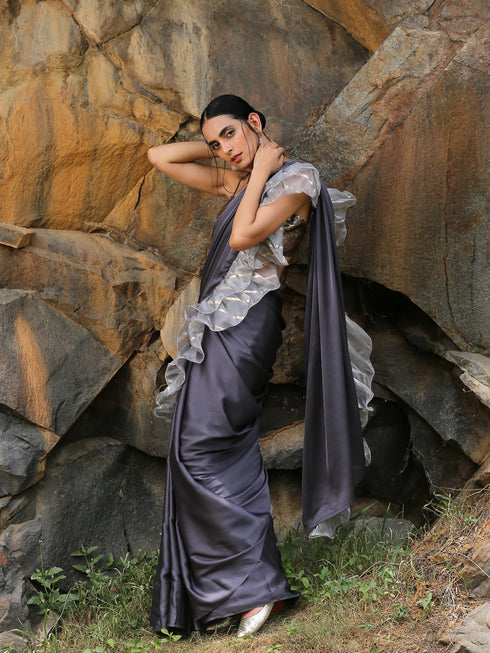 Shades of Grey Satin Ruffle Saree