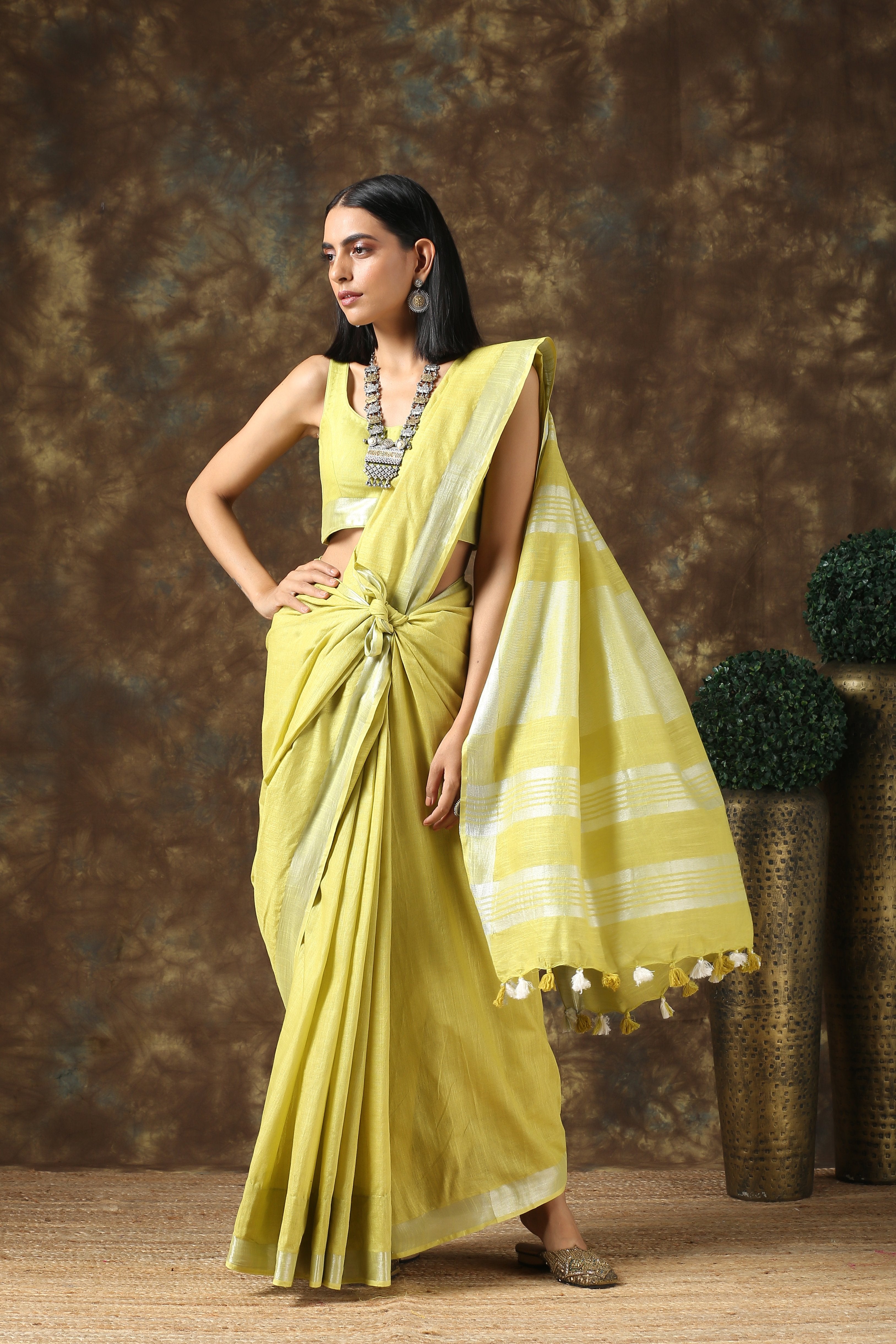 Lavish Lime Linen Saree with Silver Border and Blouse