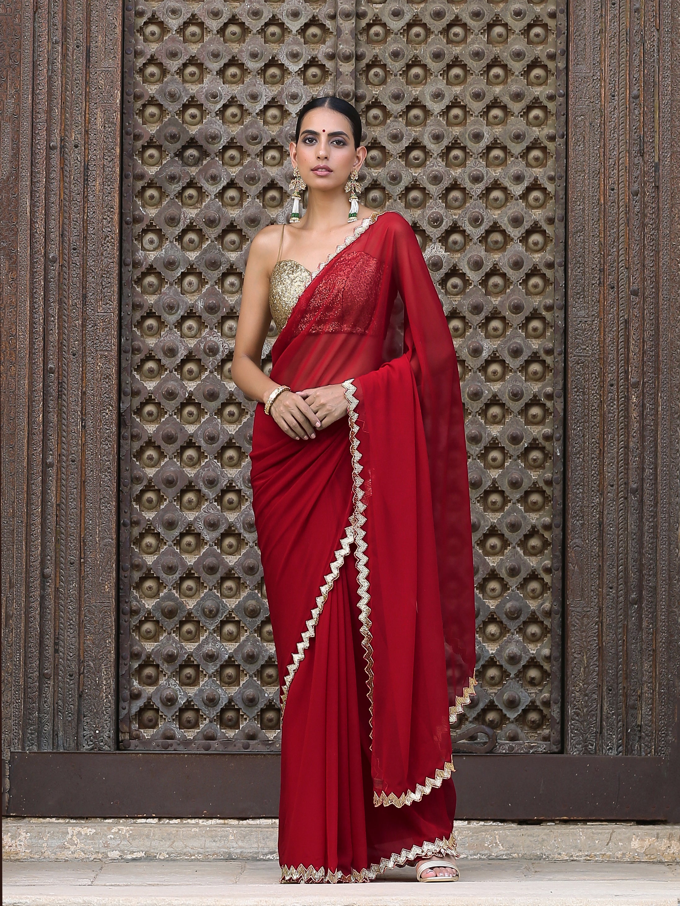 Regal Red Sequin Saree with Blouse Fabric