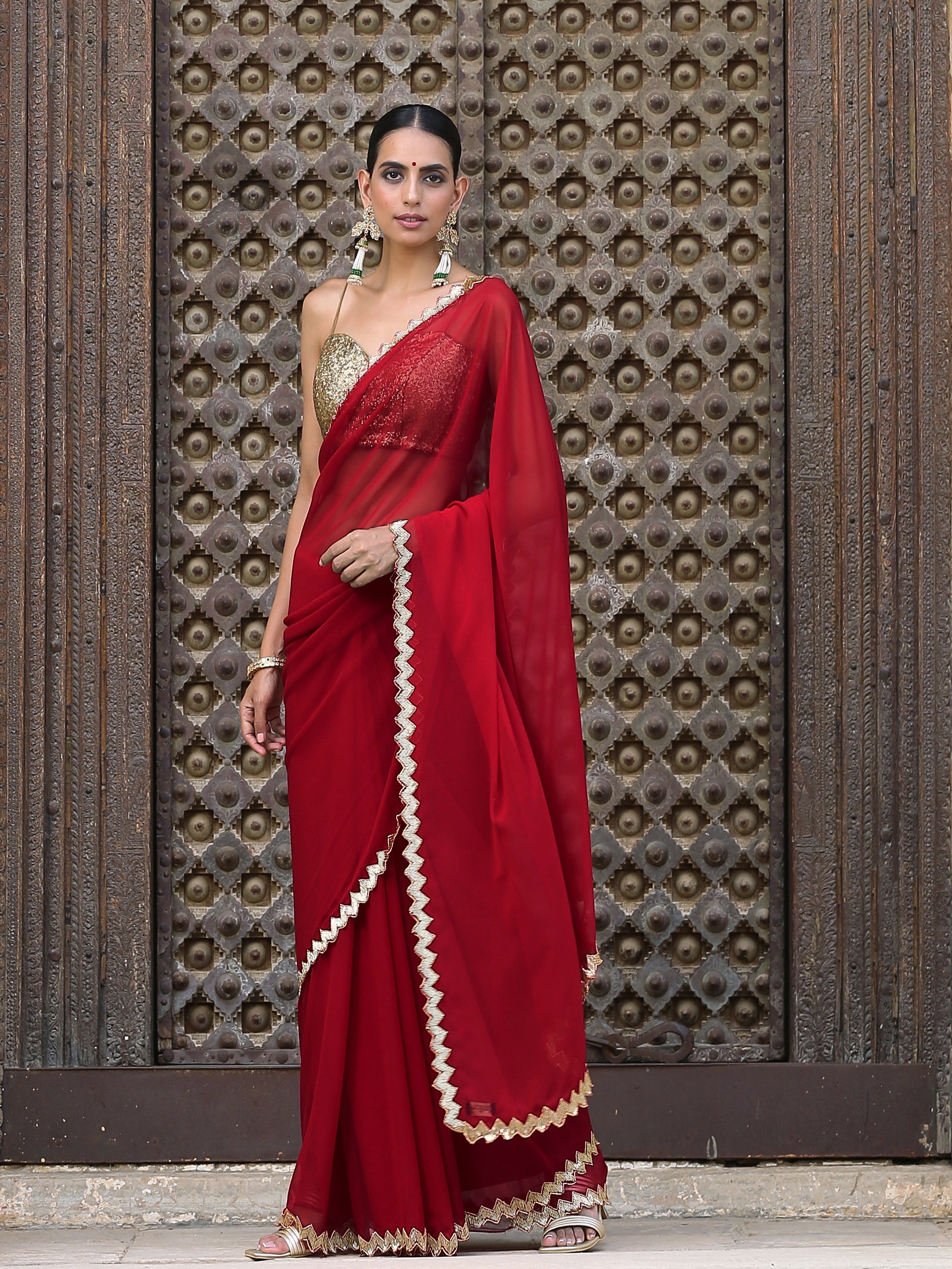 Stylish Red Color Georgette Embroidery Sequence Work Saree