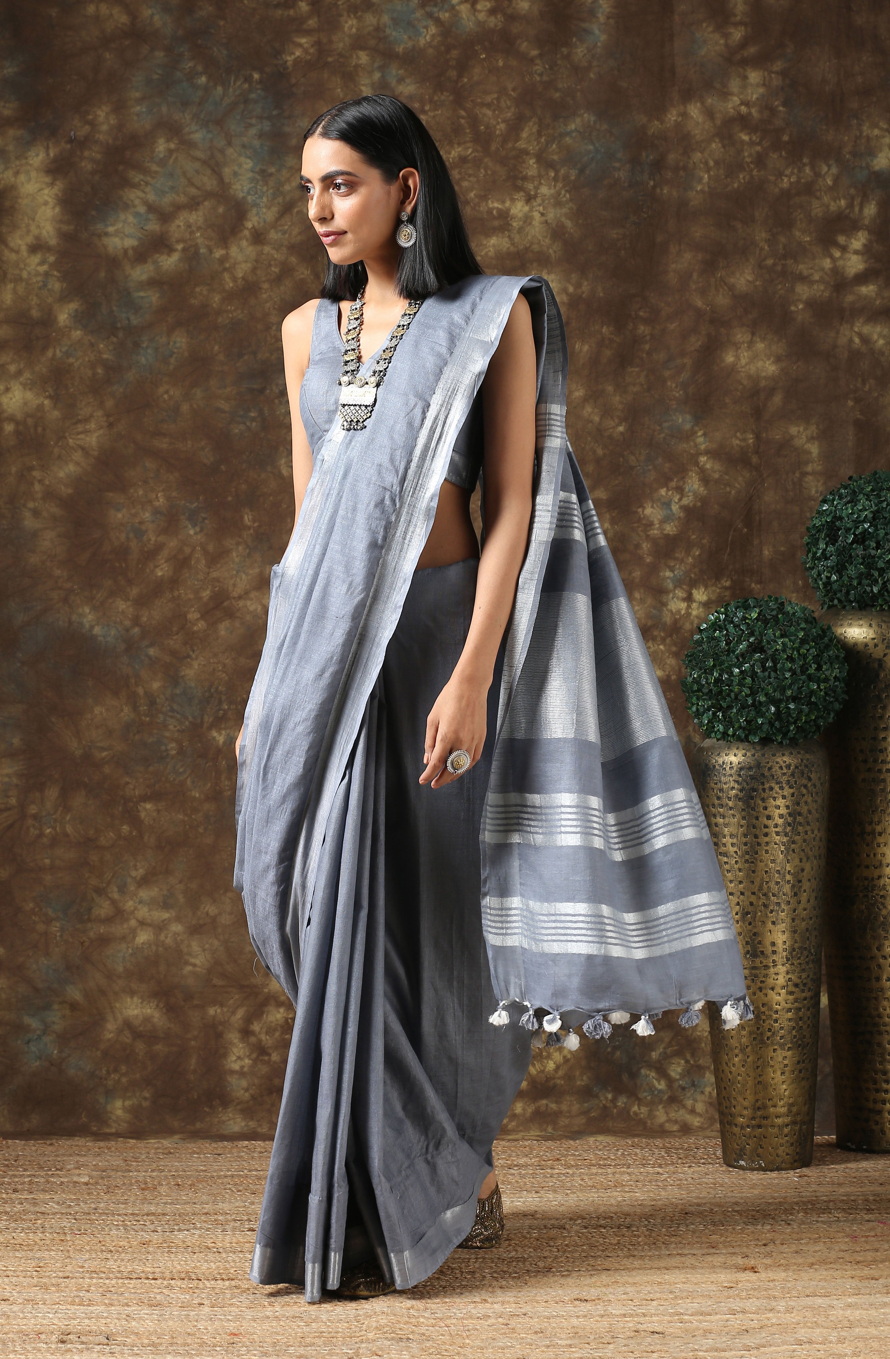 Granite linen saree with silver border and blouse