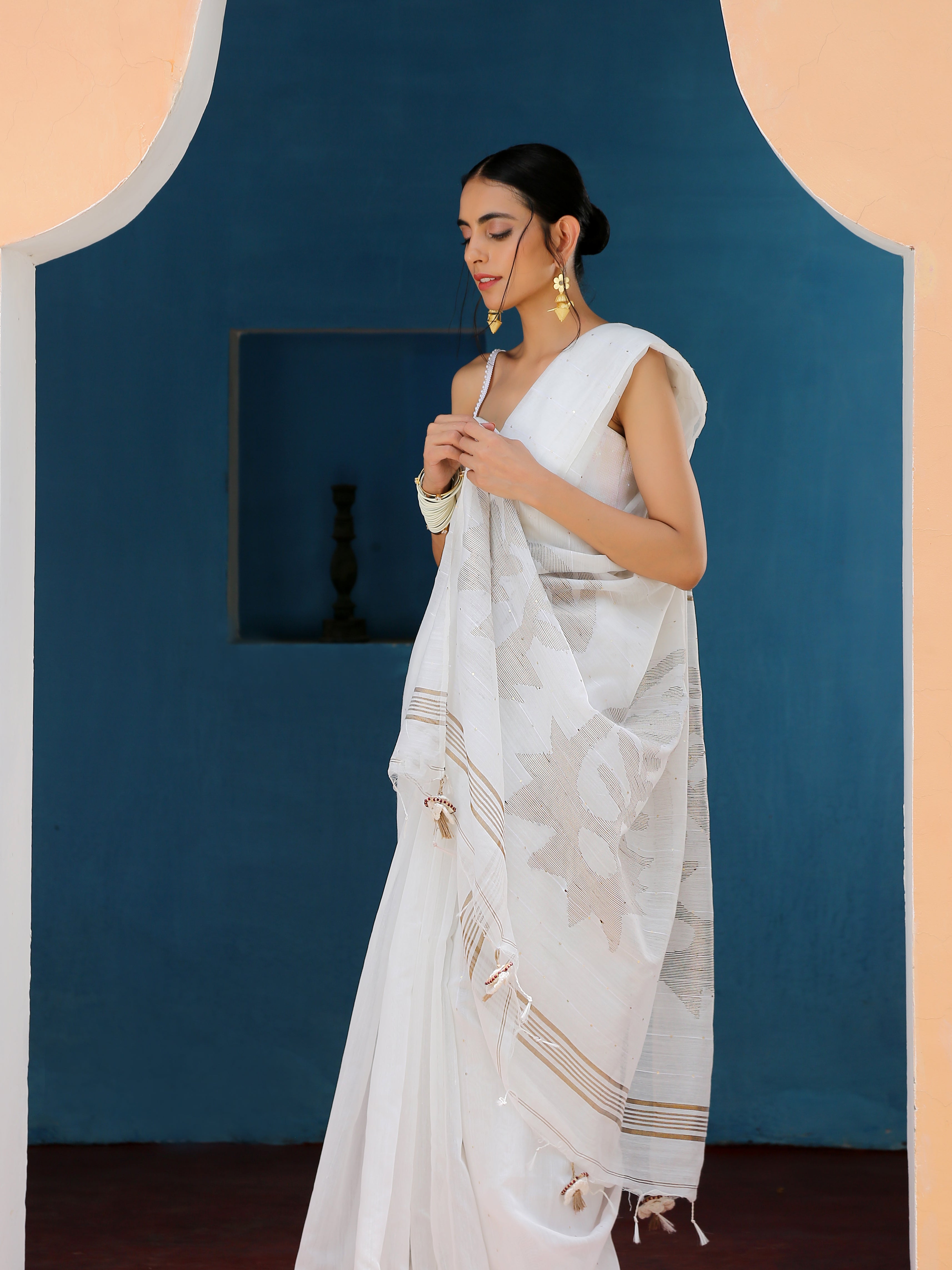 Cotton Silk Ivory Sequin Saree