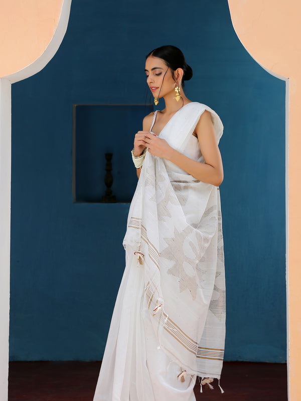 Cotton Silk Ivory Sequin Saree