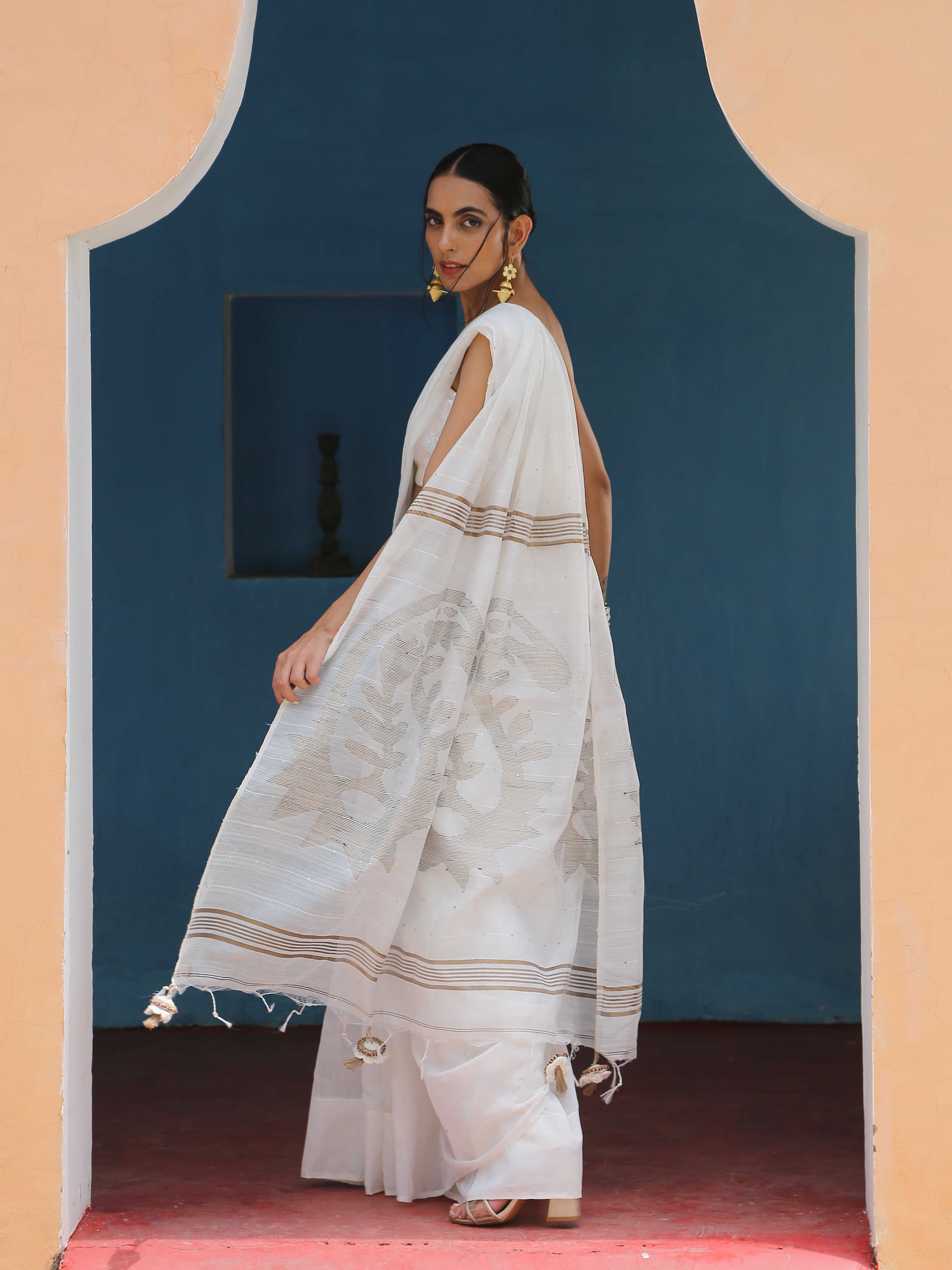 Cotton Silk Ivory Sequin Saree