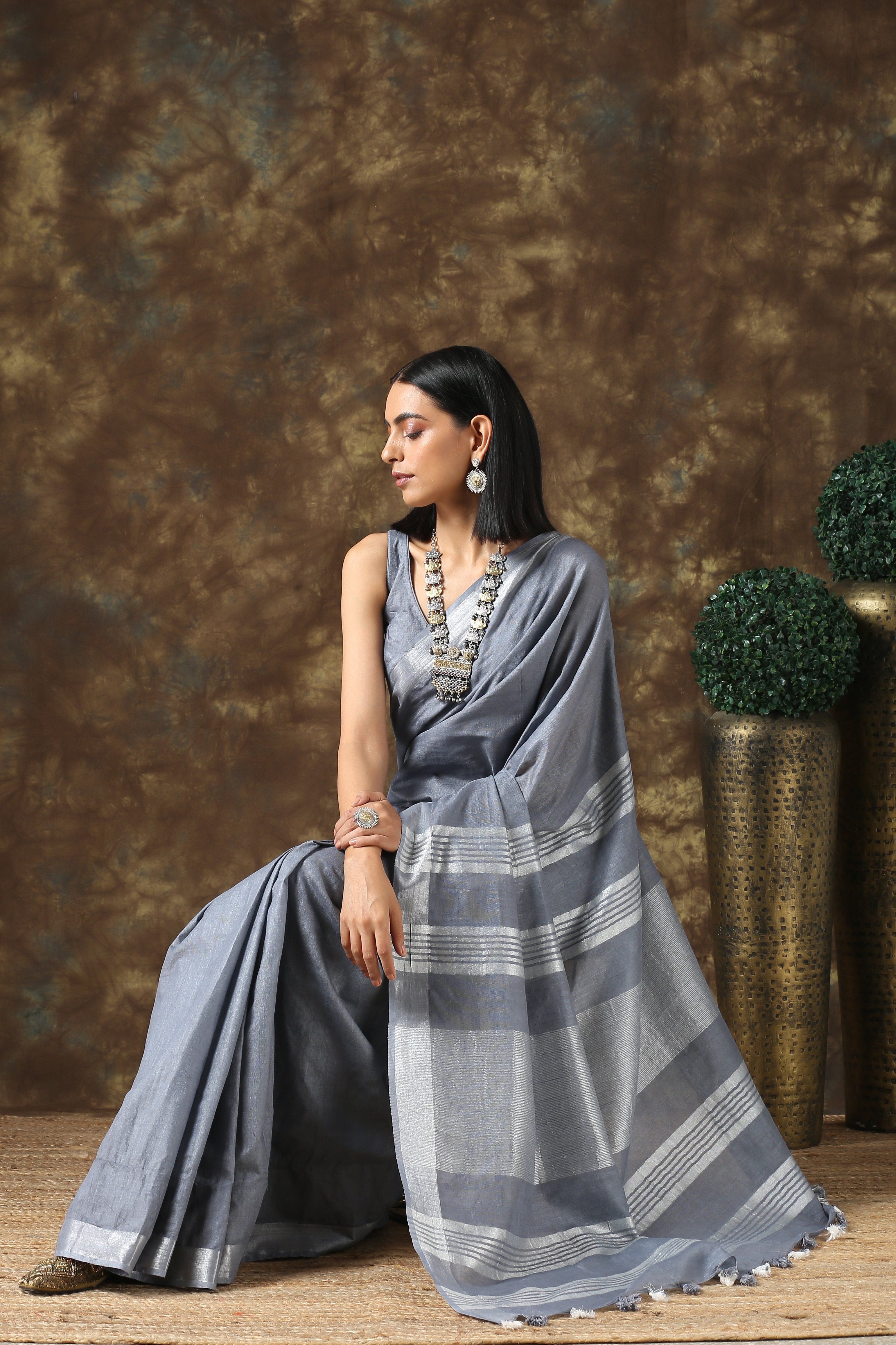 Granite linen saree with silver border and blouse — view 2
