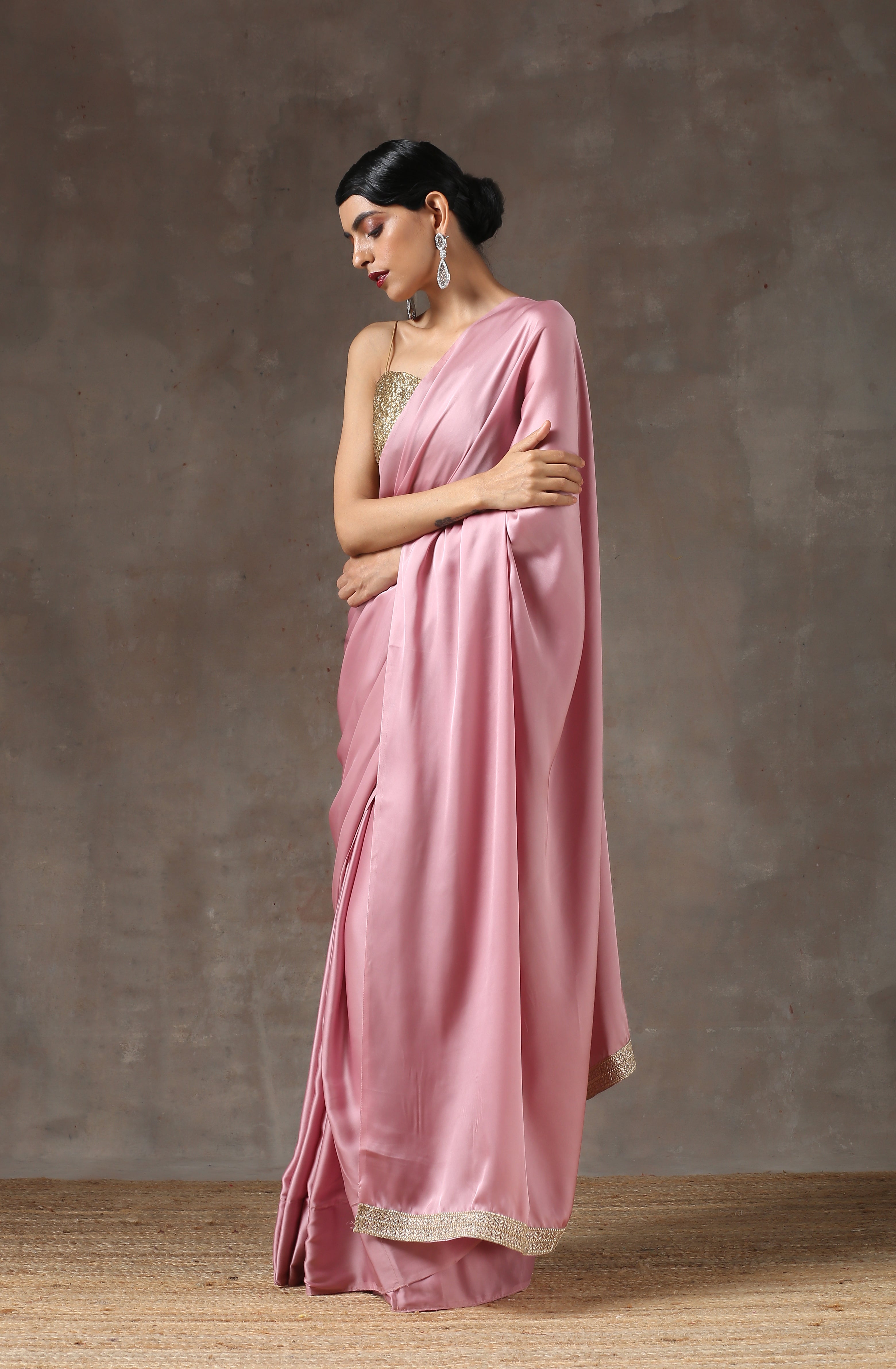 Blush Pink Satin Saree with Handmade Lace