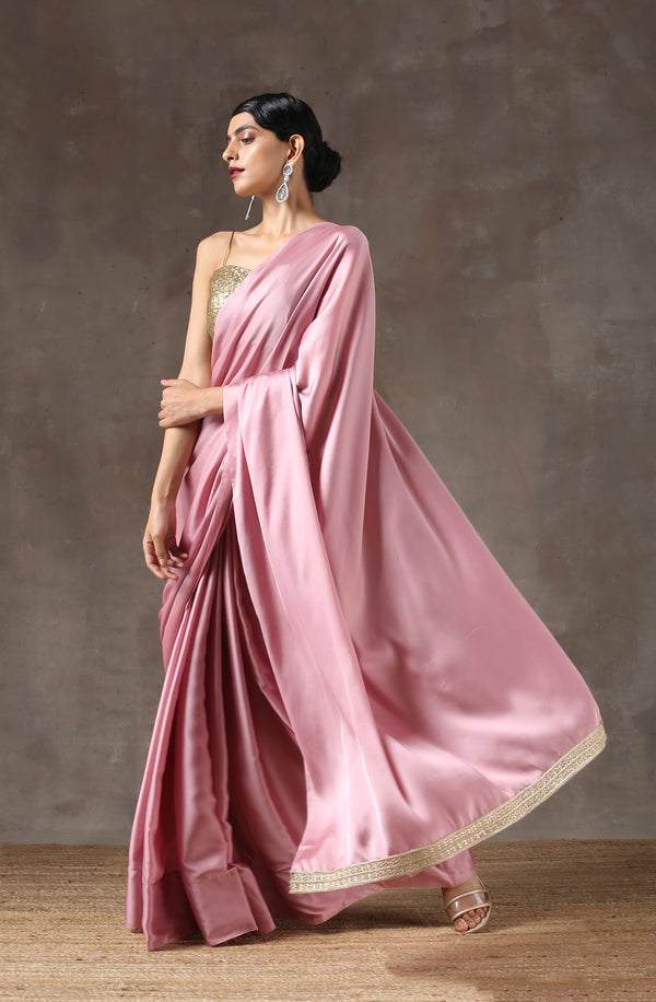 Blush Pink Satin Saree with Handmade Lace