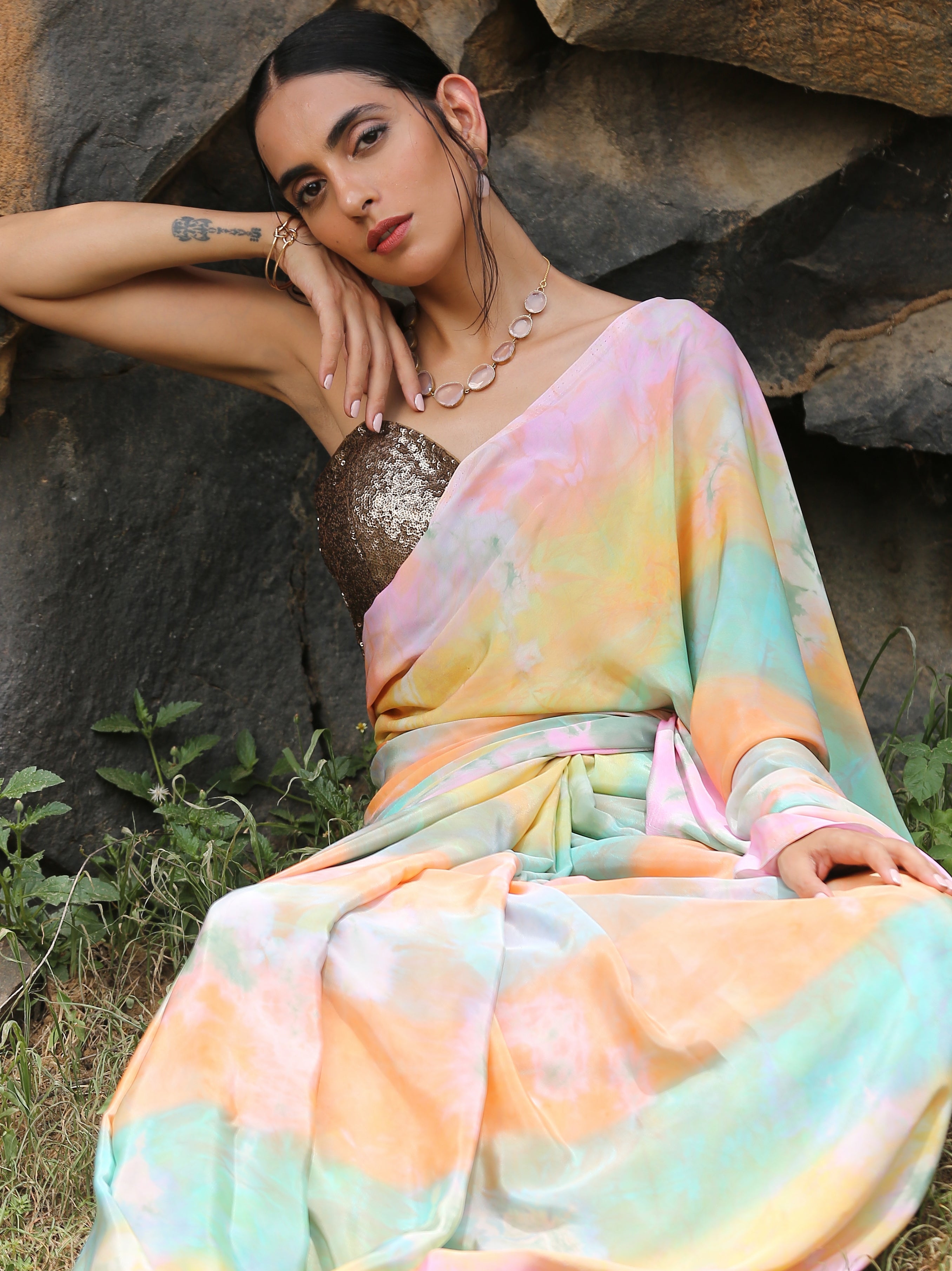 Splash of colour saree with hand made pendants — view 2