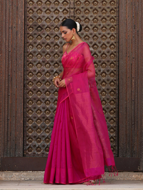 Auspicious Pink Chanderi Saree With Blouse Fabric