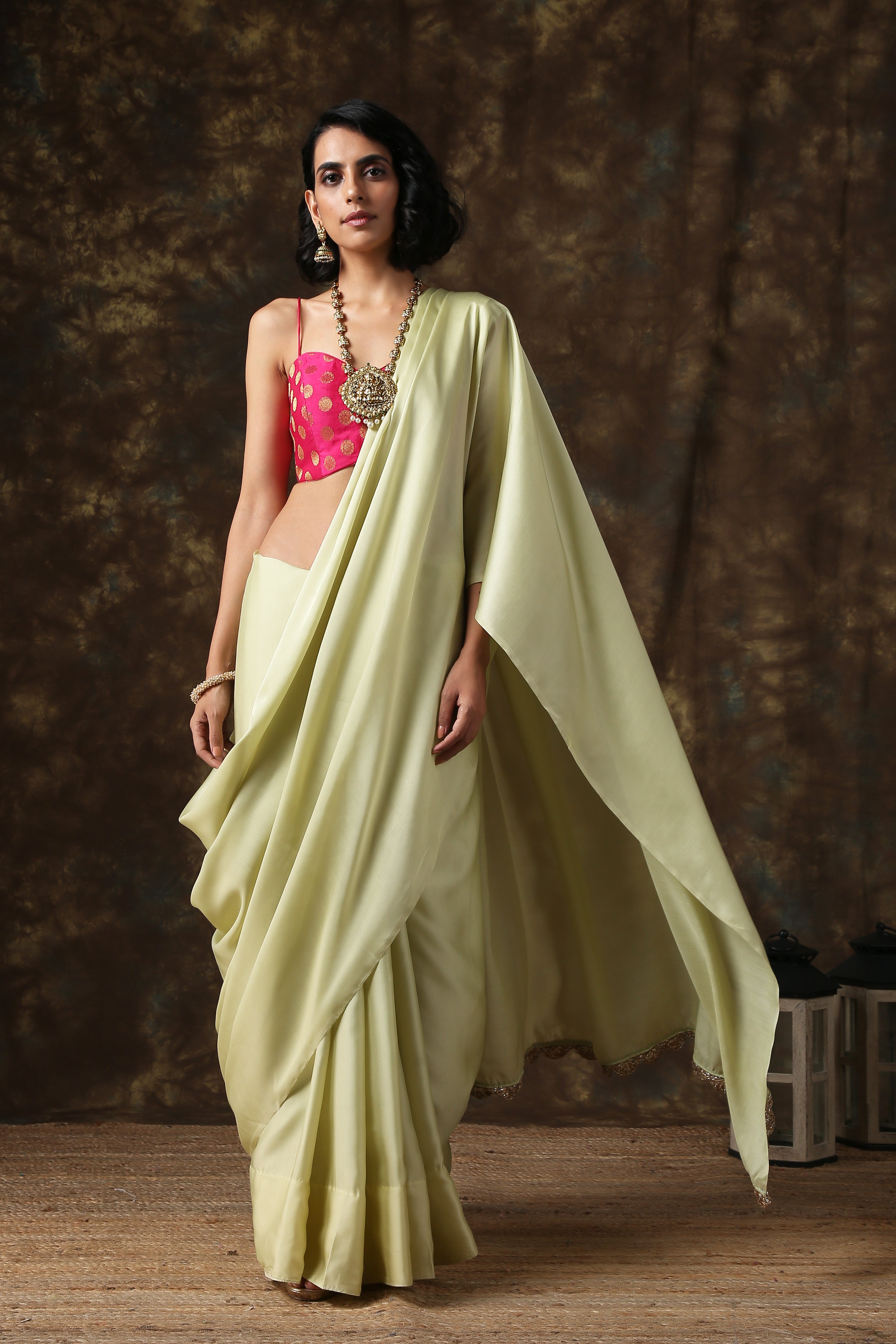 Ravishing mint silky saree with lace on end — view 3