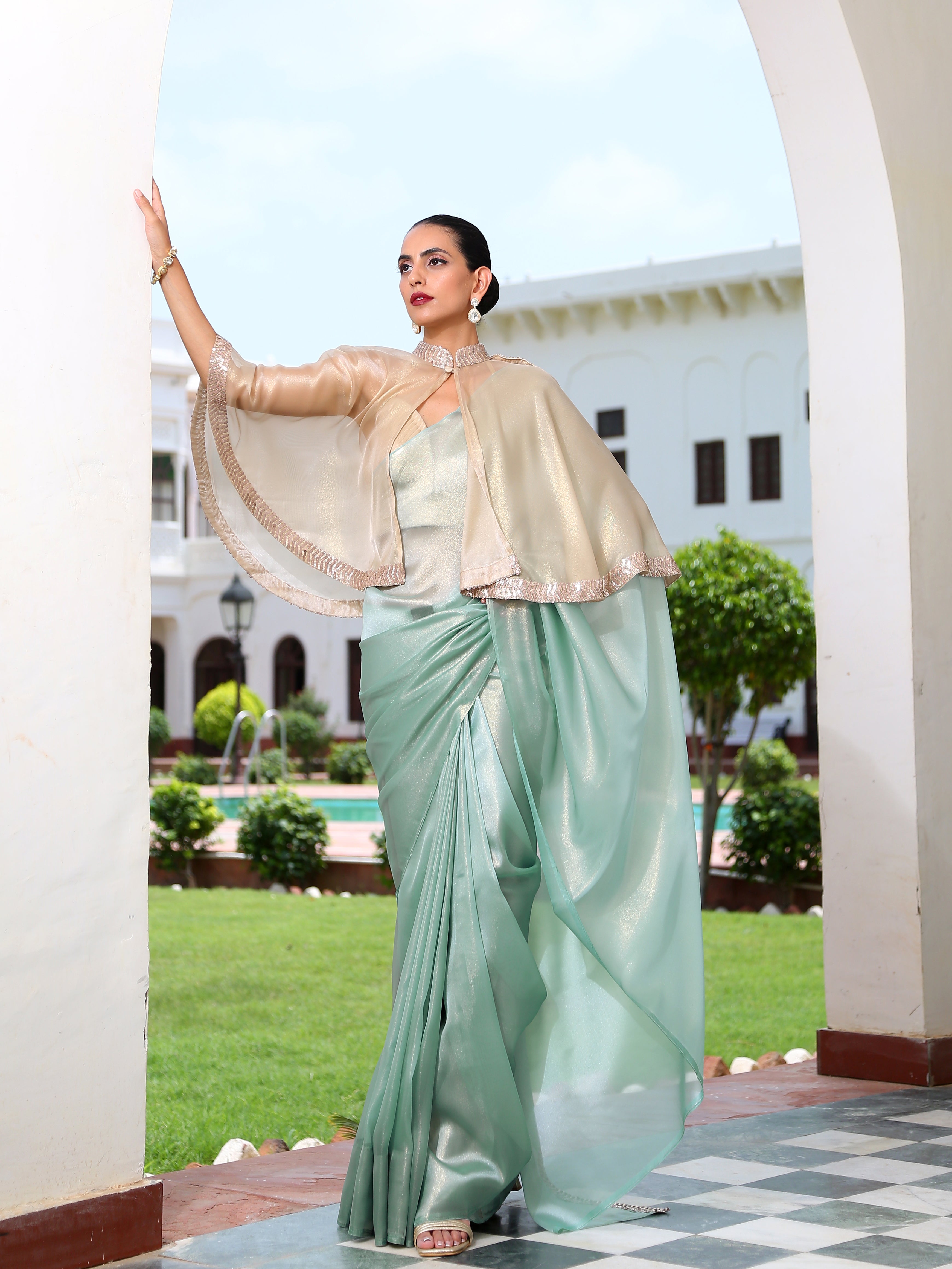 Aqua Gold Saree with Lace