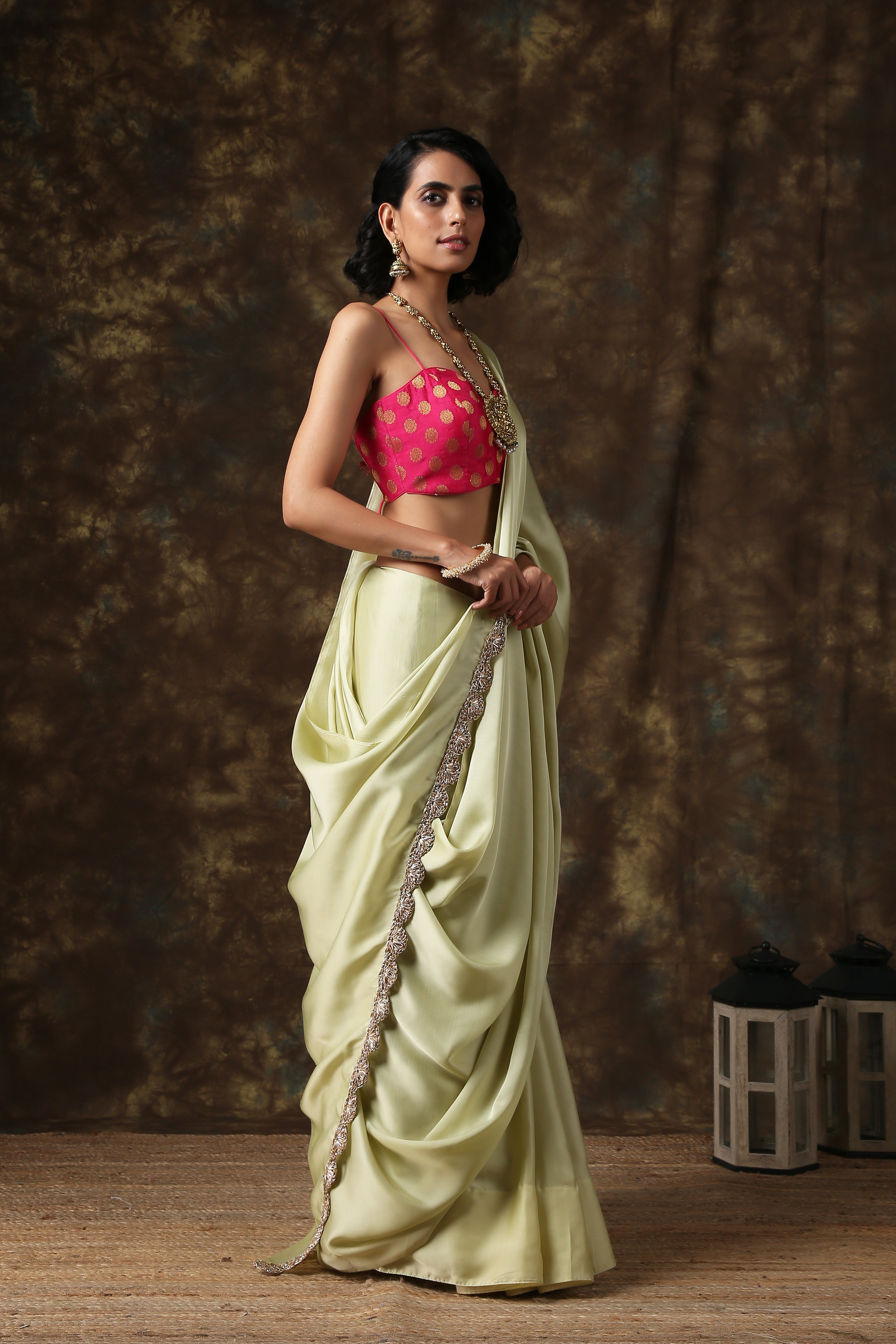 Ravishing mint silky saree with lace on end — view 2