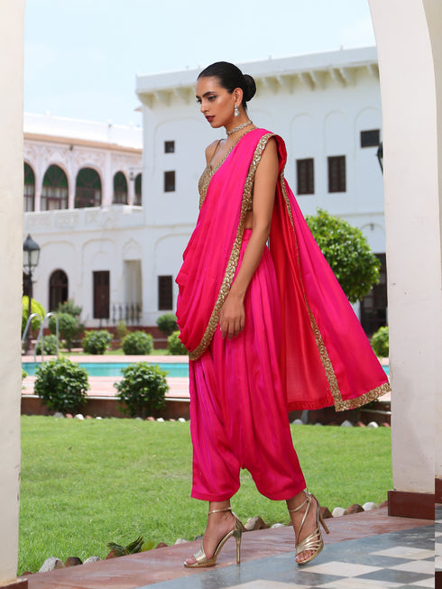 Fuchsia Patiala Pants Pre-draped Saree