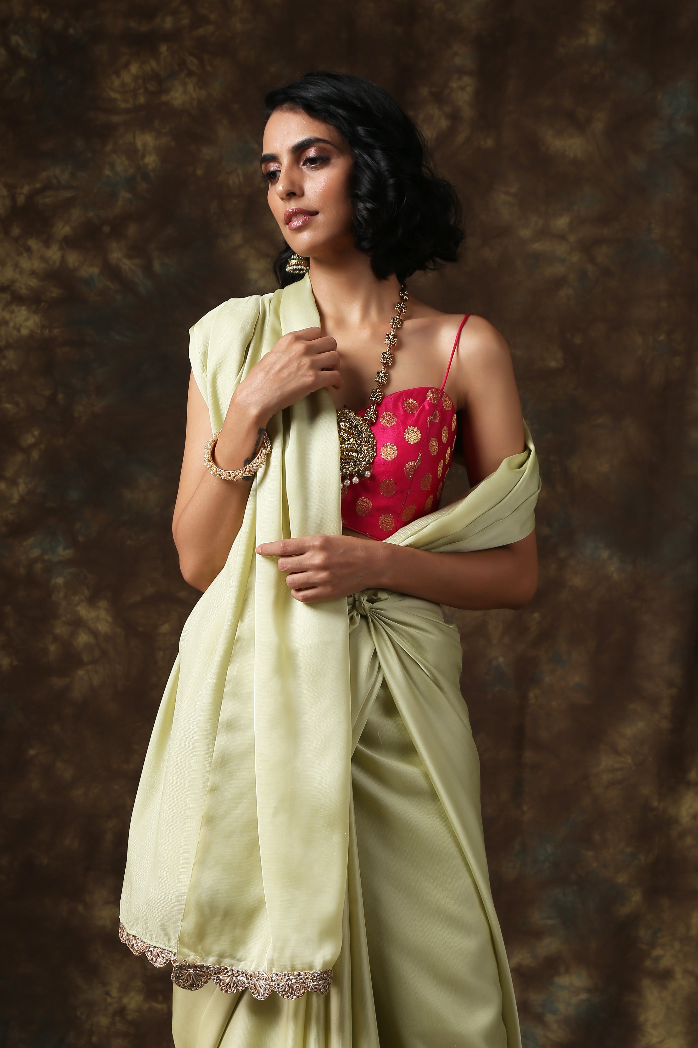 Ravishing mint silky saree with lace on end — view 4