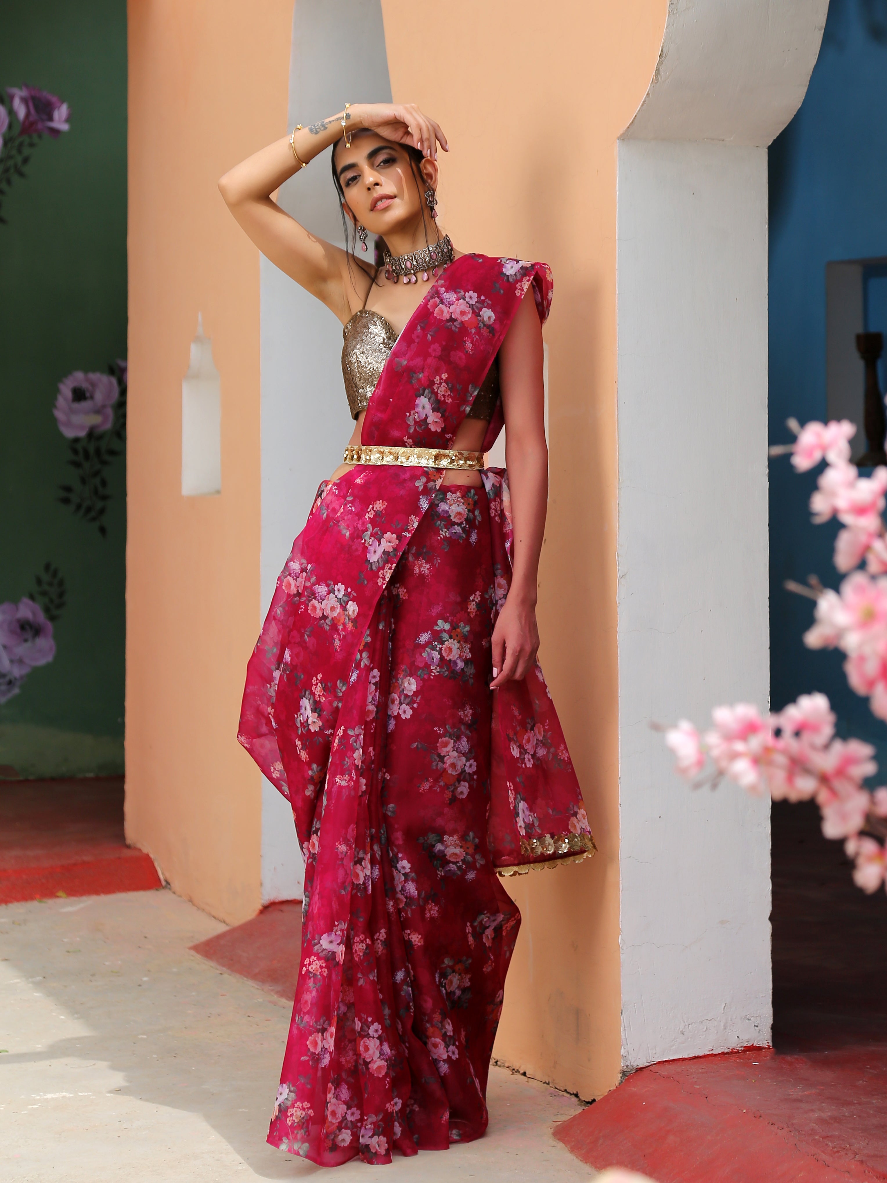 Red Floral Organza Saree