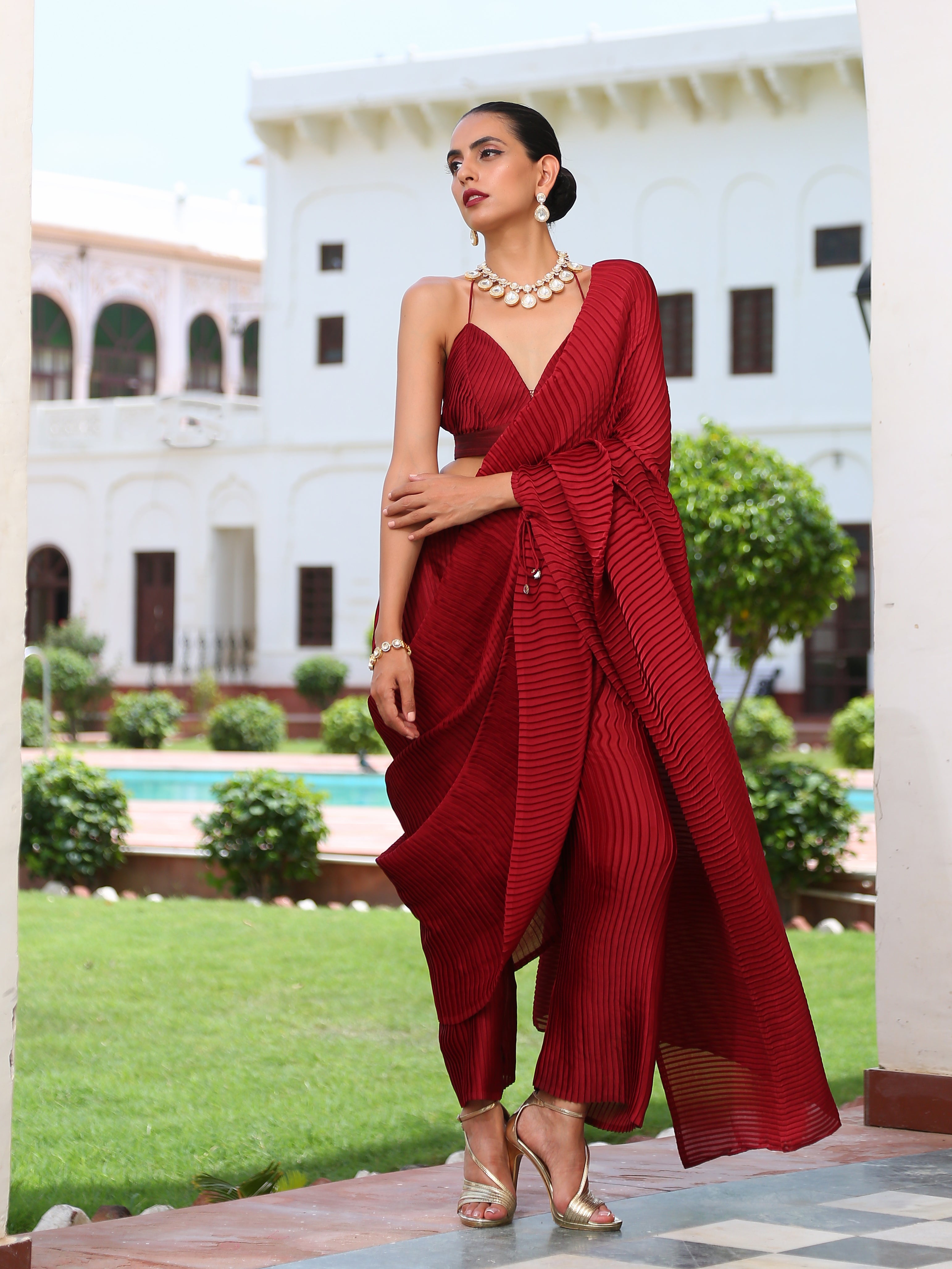 Women's Accordion Maroon Pre-Draped Saree with Self Arm-Tie 1 Piece | Festive Wear, (Satin)