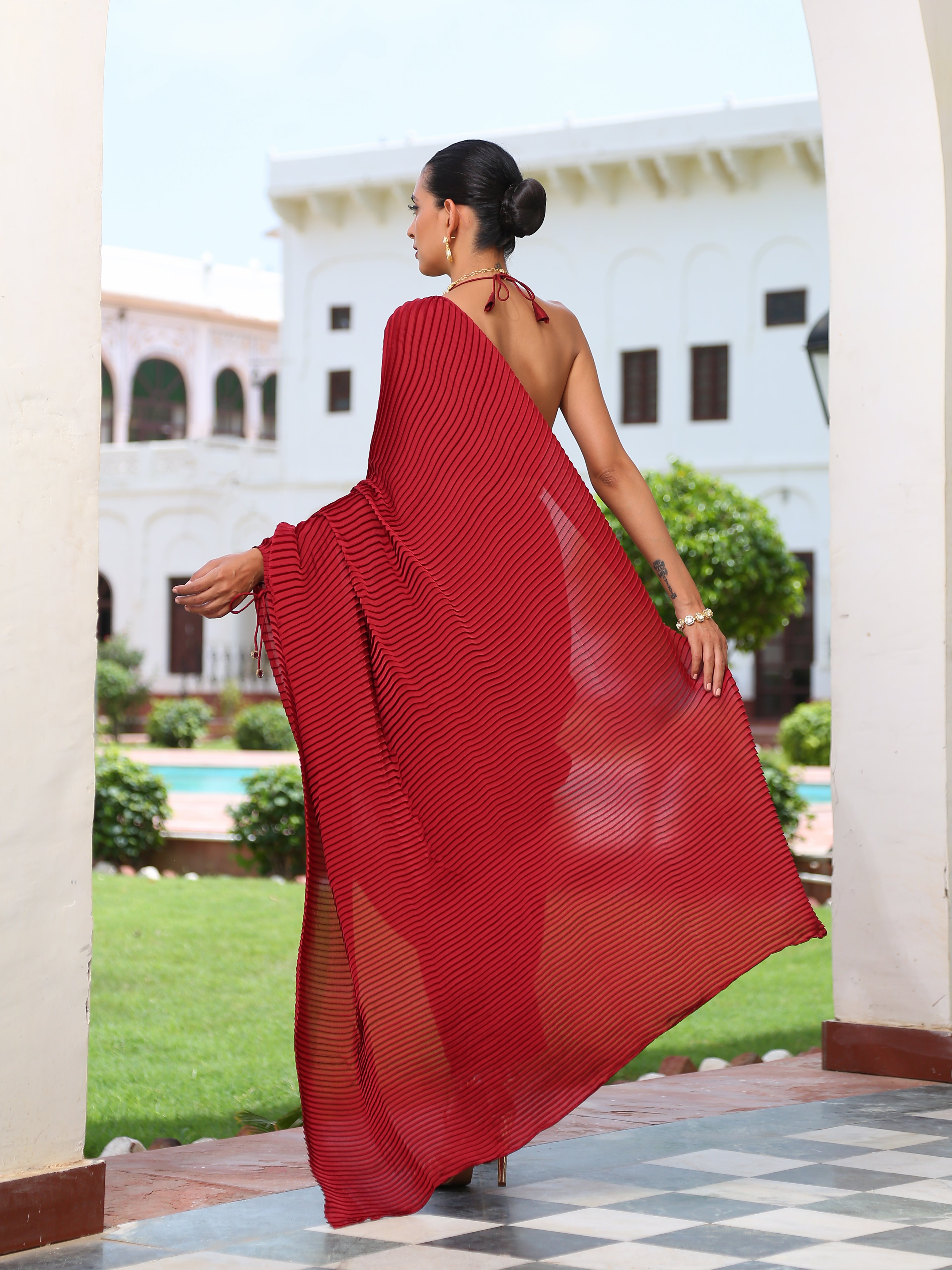 Women's Accordion Maroon Pre-Draped Saree with Self Arm-Tie 1 Piece | Festive Wear, (Satin)