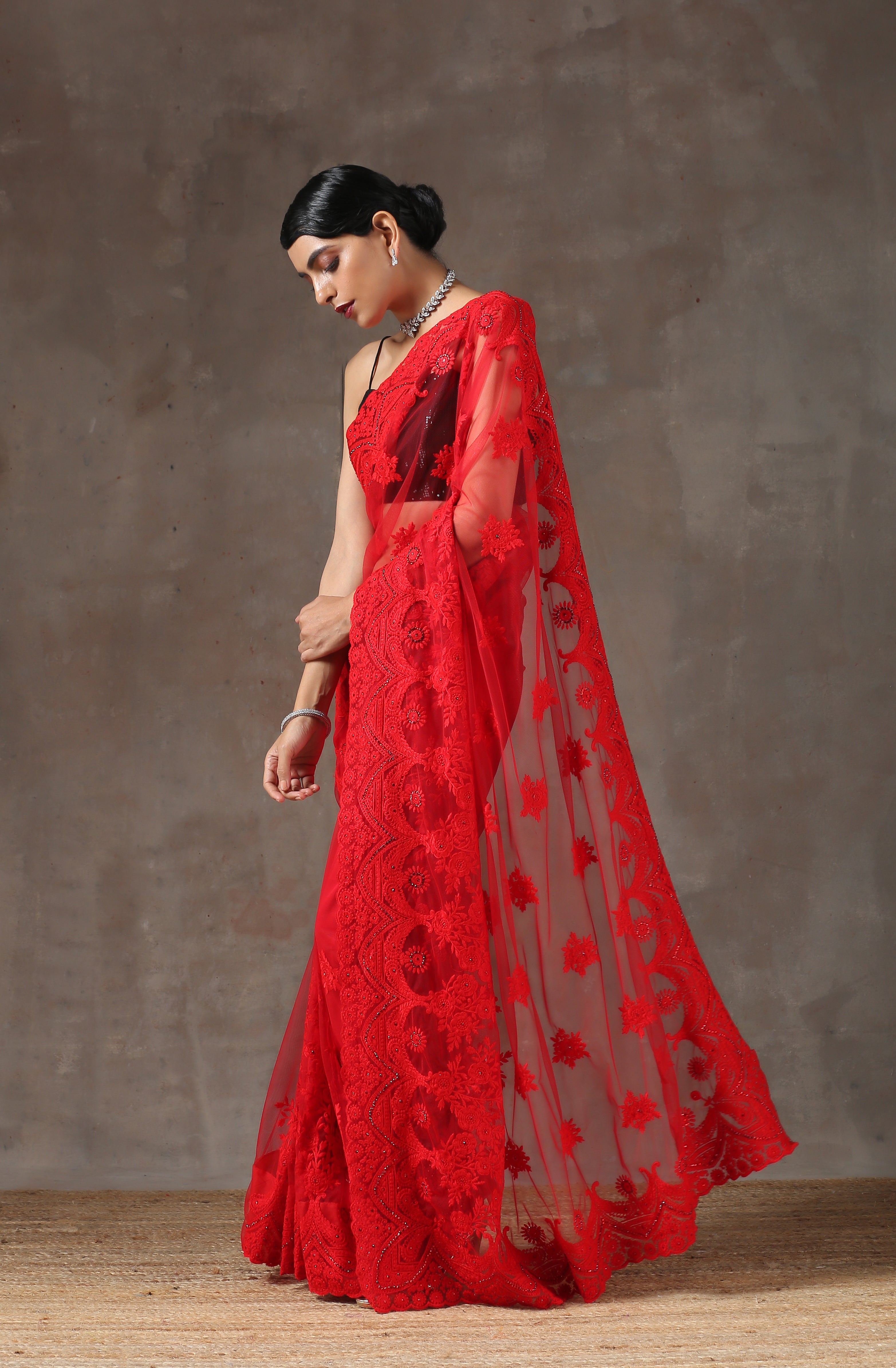 Red Moulin Rouge Net Saree with Embroidery & Scalloping