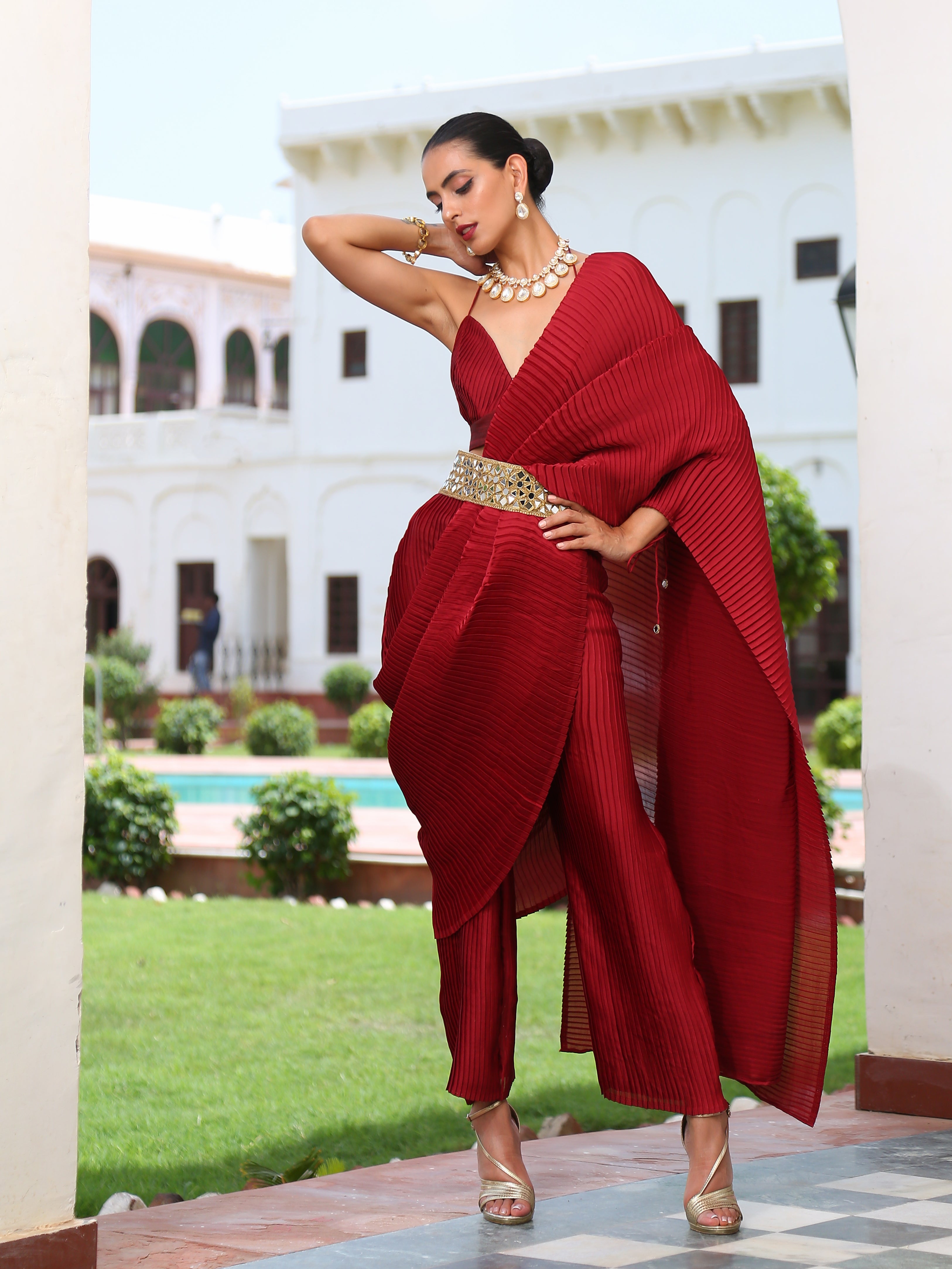 Women's Accordion Maroon Pre-Draped Saree with Self Arm-Tie 1 Piece | Festive Wear, (Satin)