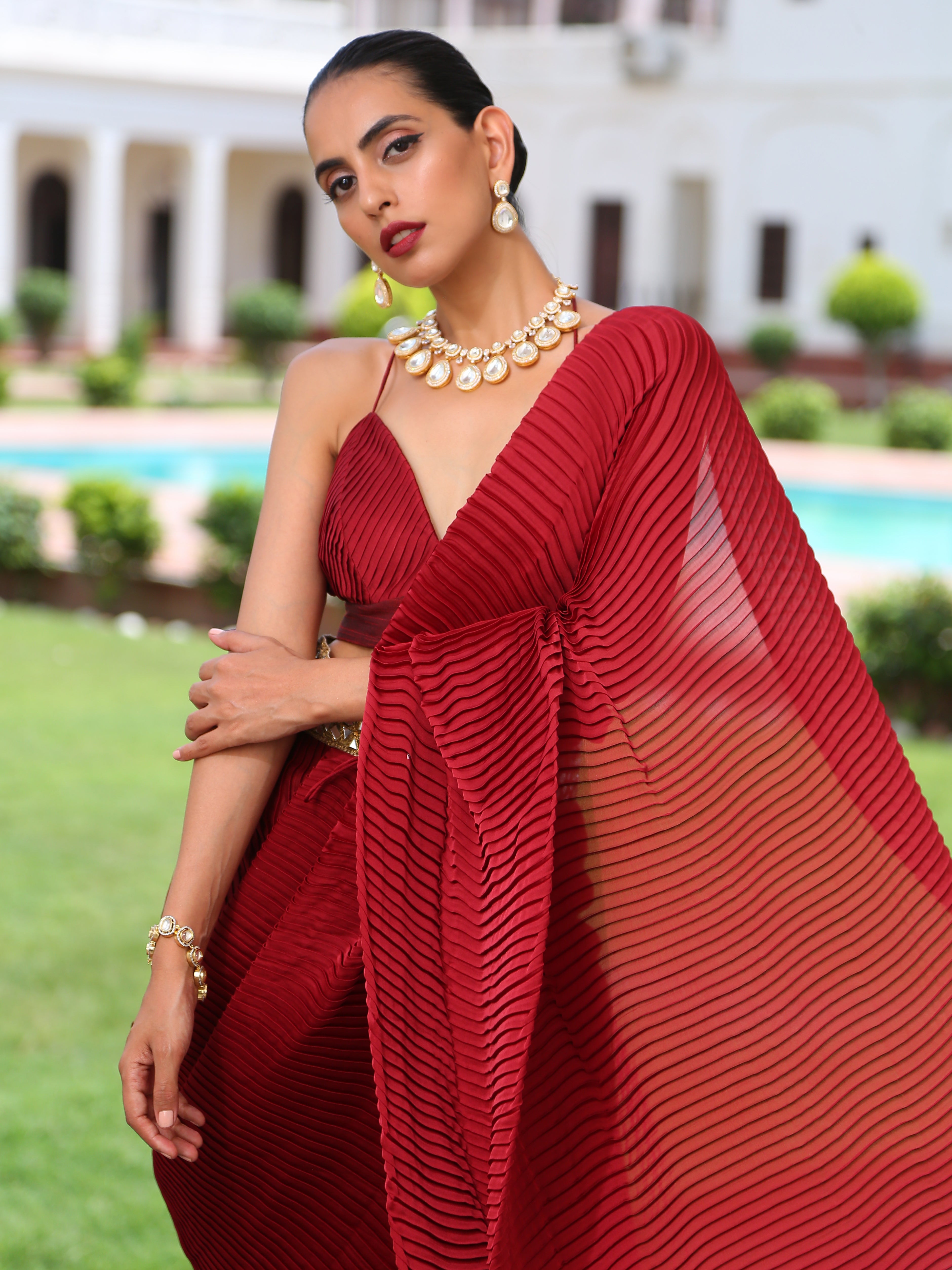 Women's Accordion Maroon Pre-Draped Saree with Self Arm-Tie 1 Piece | Festive Wear, (Satin)