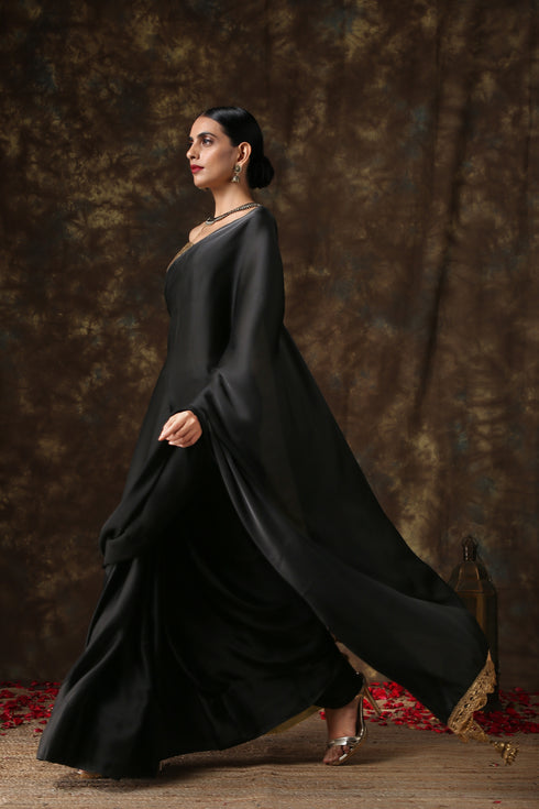 Luxurious Black Satin Saree with Dull Gold Lace and Pendants